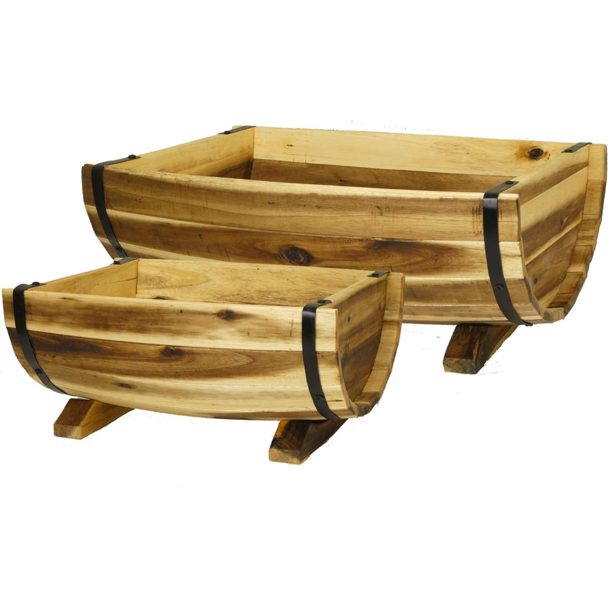 Classic Home and Garden Acacia Wood Half-Barrel Planters with Metal Band, Assorted Sizes (Set of 2)