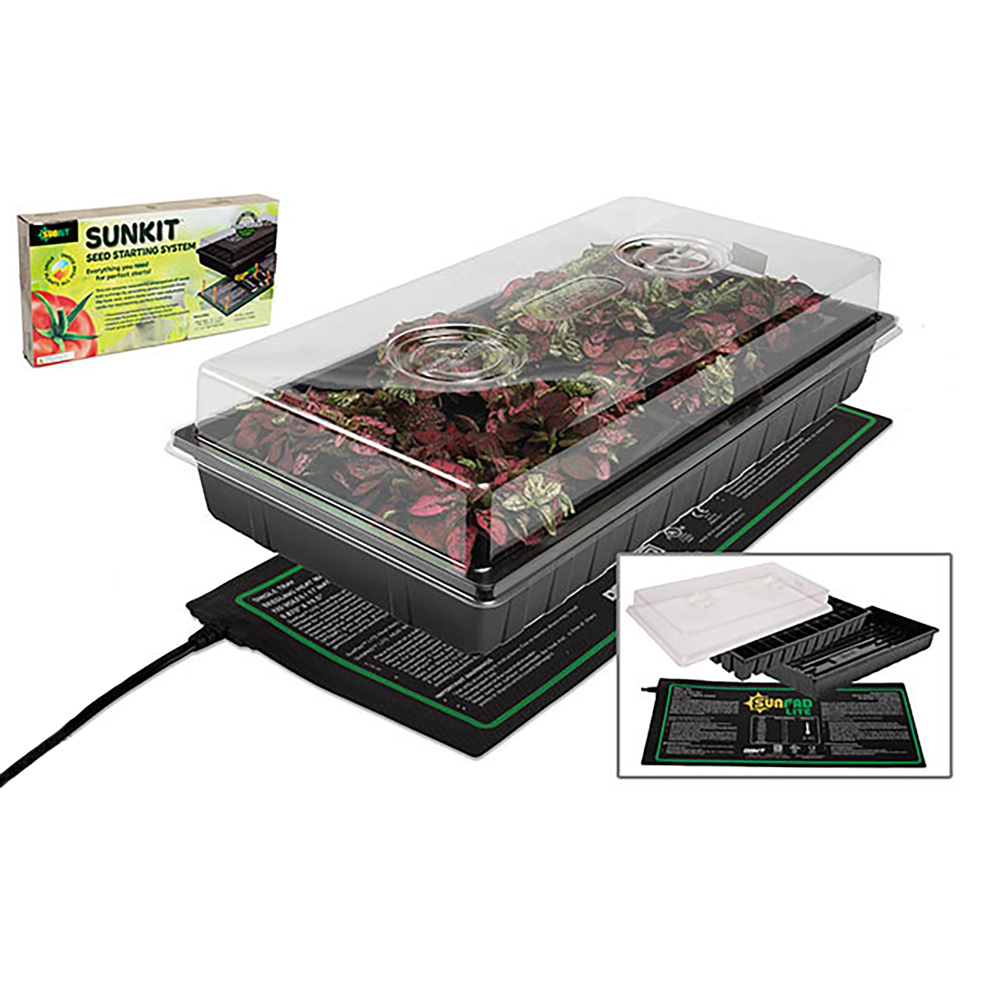 SunKit Complete Seed Starting System Tray with Dome and Heat Mat, 11" x 21"