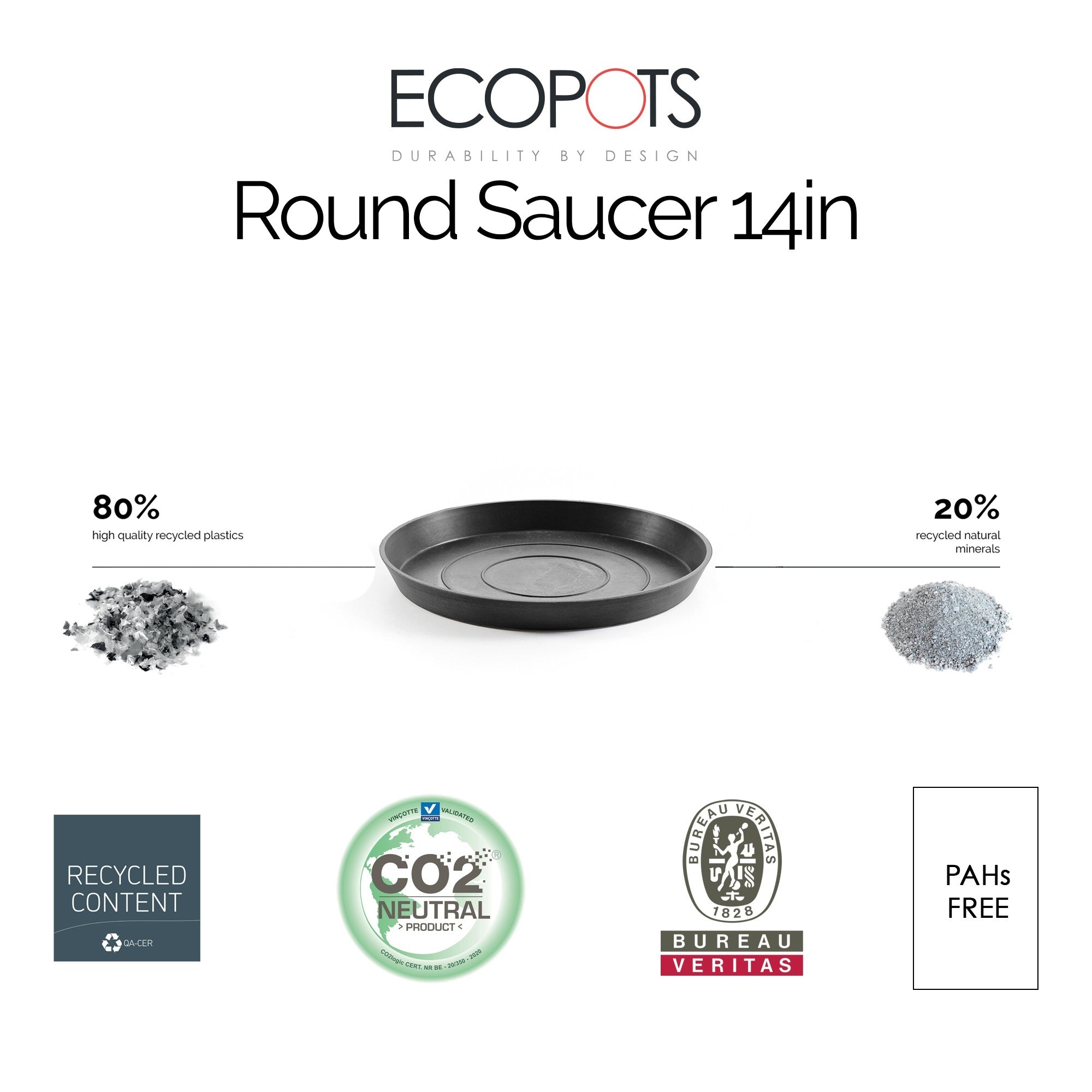 Ecopots Round Recycled Plastic Modern In/Outdoor Planter Flower Pot Saucer, Dark Grey, 14"