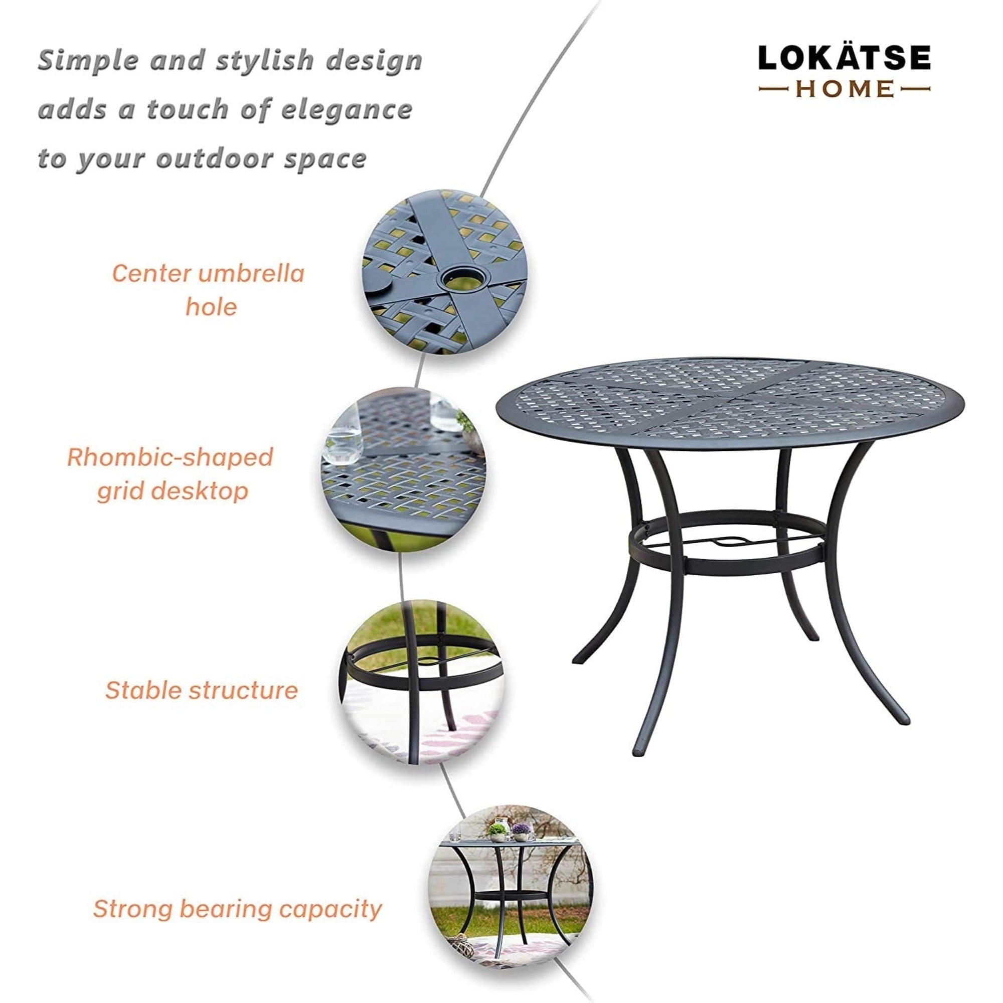 Garden Elements Outdoor Patio Set Metal Dining Furniture w/ Iron Armrest Grey Cushioned Chairs and Steel Round Table For Patios, Decks, Black, 5 Piece