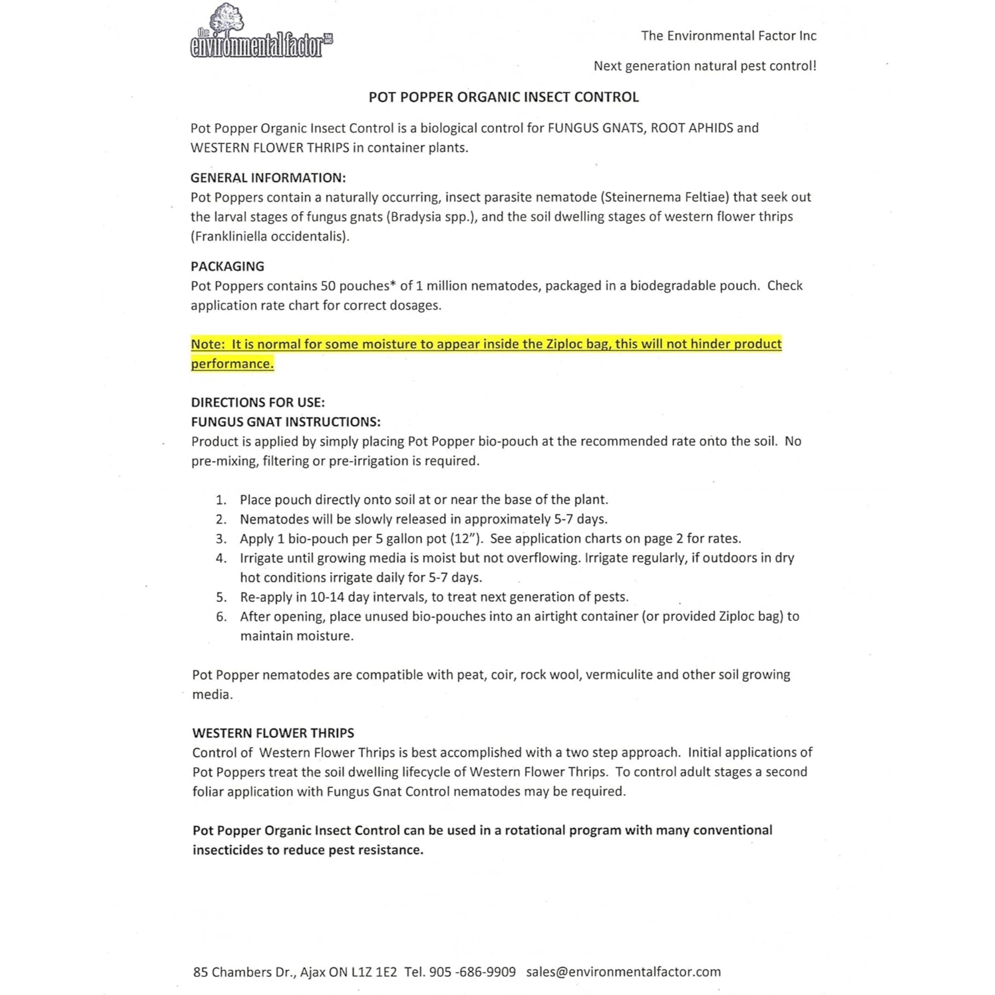 The Environmental Factor Pot Popper Organic Insect Control, Controls Fungus Gnats, Million Beneficial Nematodes (S.Feltiae) Pot Popper Gnat & Thrip Control (50 Pouches per Pack)