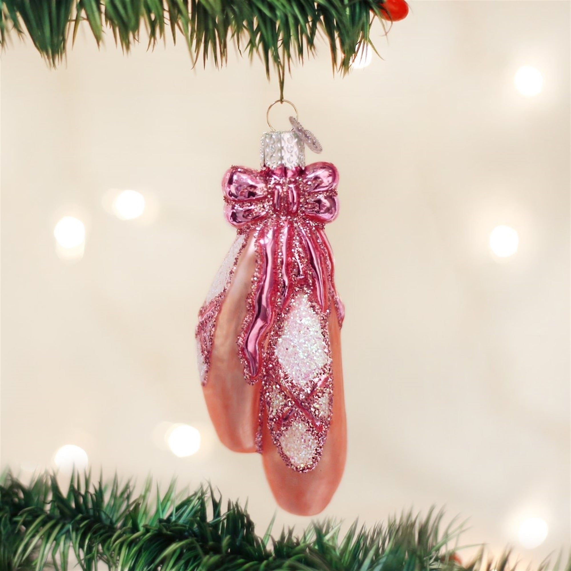 Old World Christmas Glass Blown Ornament, Ballet Toe Shoes, Pink, 4.25"