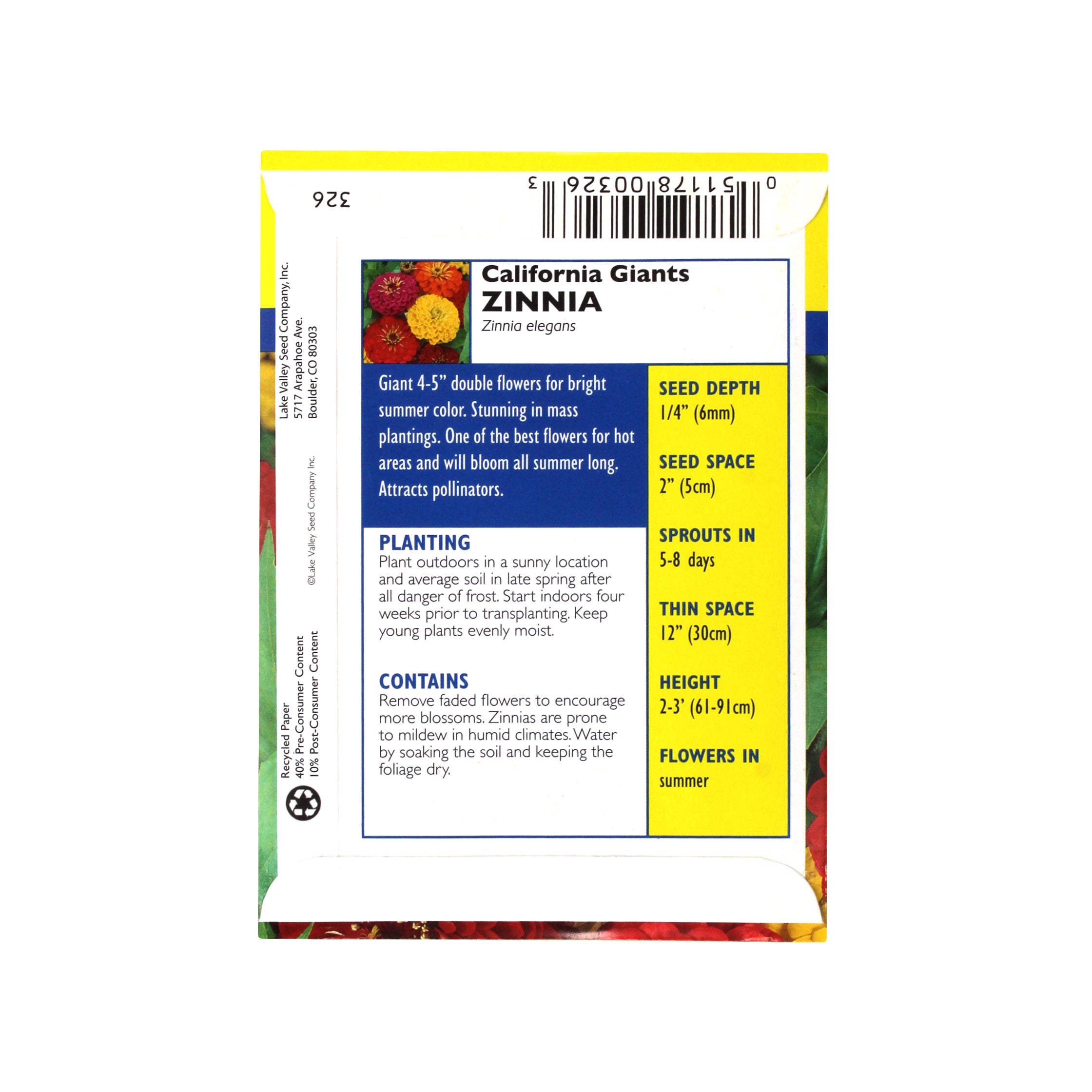 Lake Valley Seed Zinnia, California Giants Mixed Colors Heirloom, 0.75g