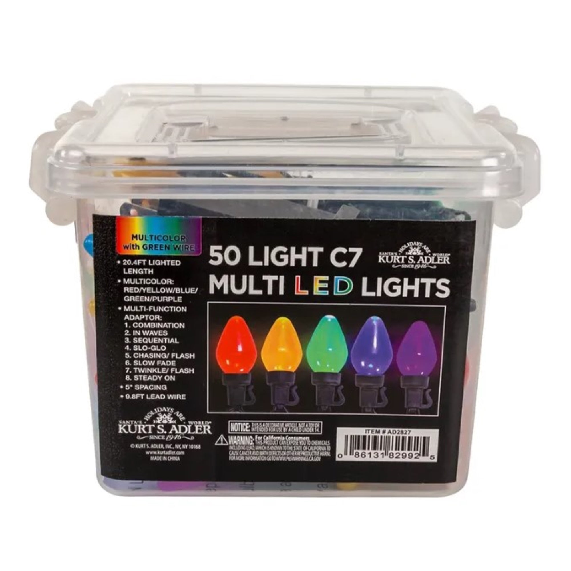 Kurt Adler 50 LED C7 Multicolored String Light Set with 8 Light Settings, 30'