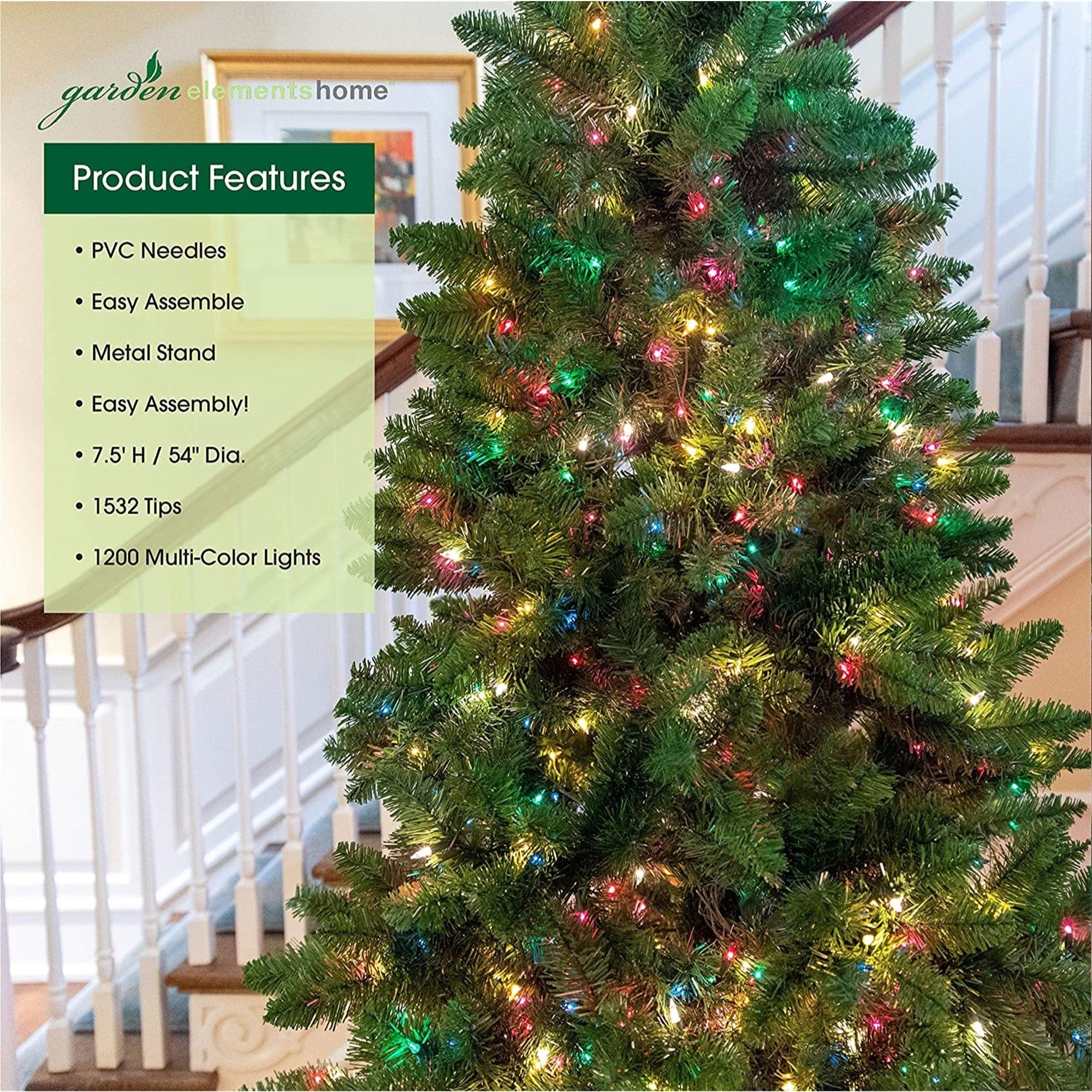 Garden Elements Artificial Pre-Lit Penn Spruce Christmas Tree, 1532 Tips, 1200 Multi-Colored Lights, 7.5 ft