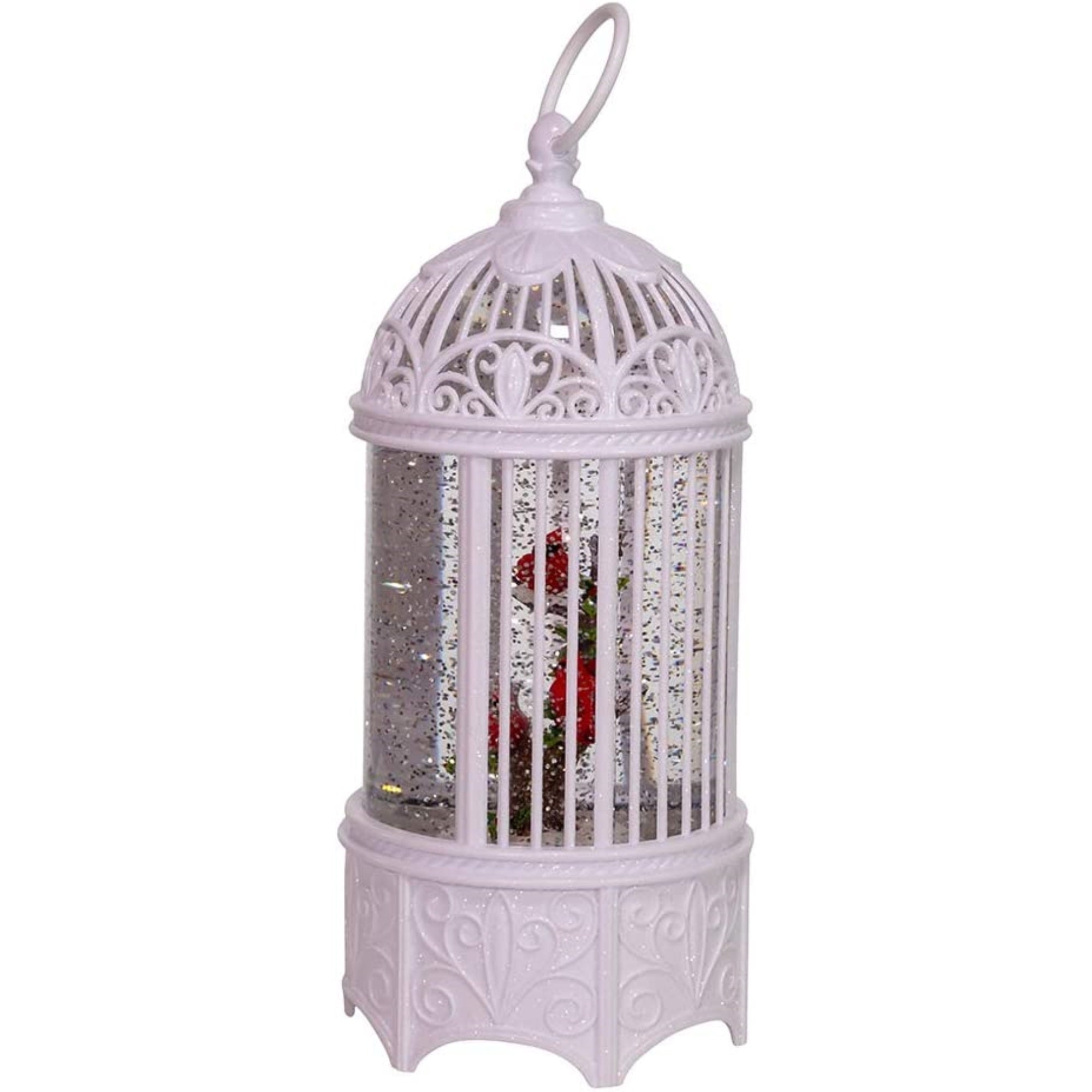 Kurt S. Adler Battery-Operated LED Swirl Cardinals Bird Cage Water Lantern, White, 10"