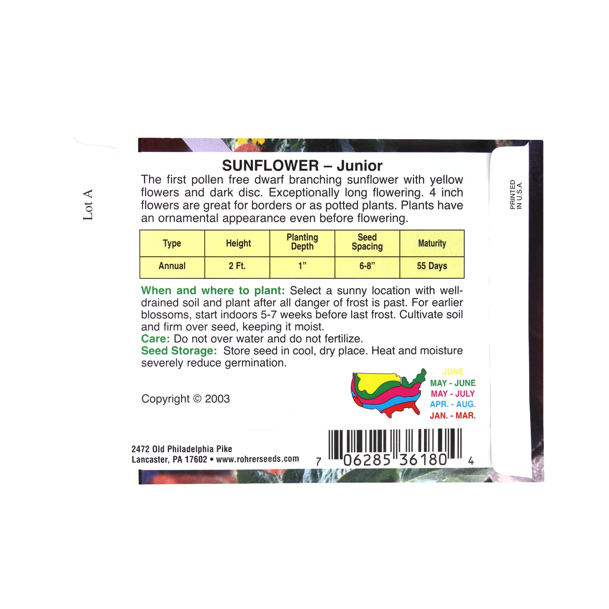 Rohrer Seeds Sunflower, Junior 2' Pollen Free, 100mg