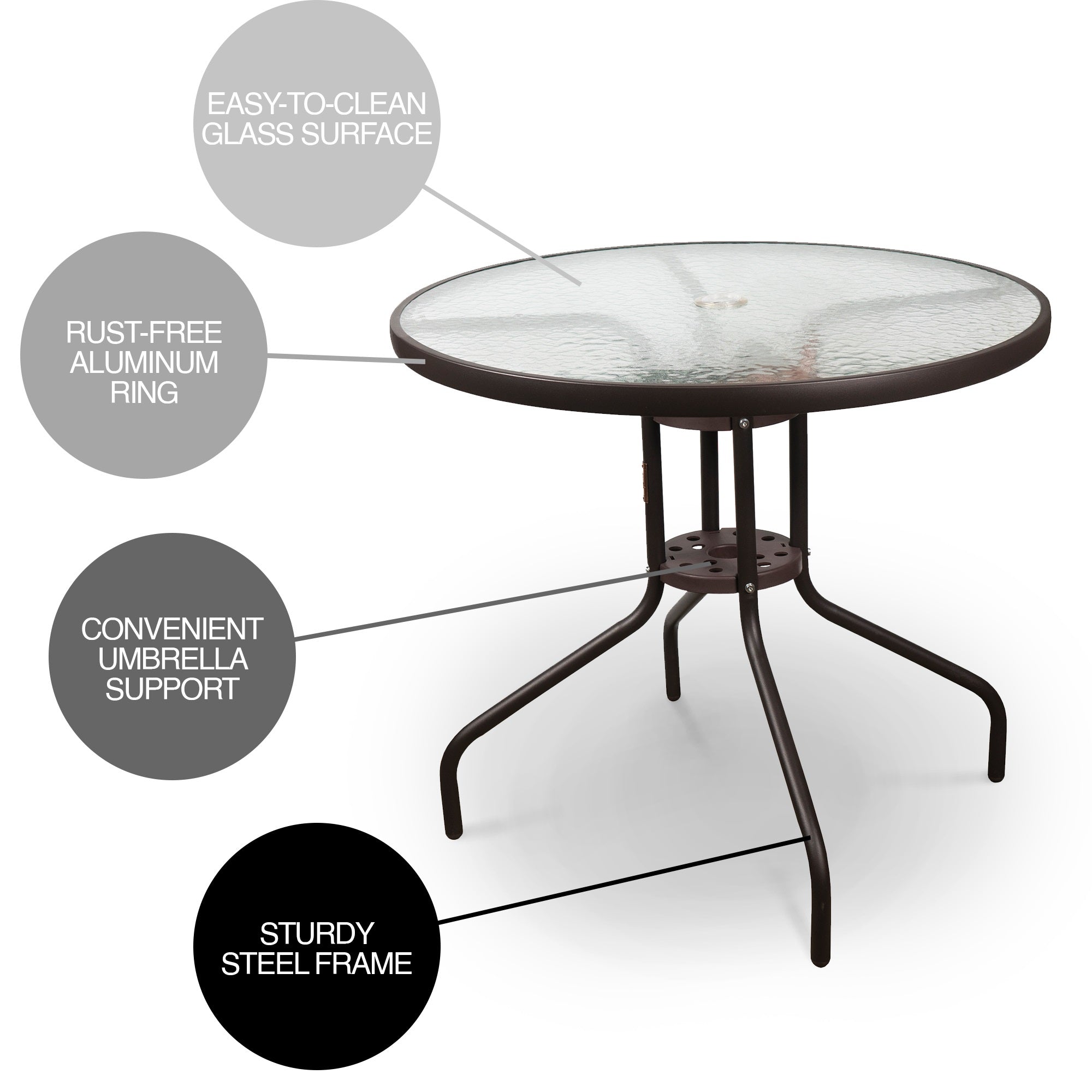 Garden Elements Outdoor Dining Table Patio Furniture, Round Steel Base and Rim with Waterwave Glass Top, Brown 31.5"