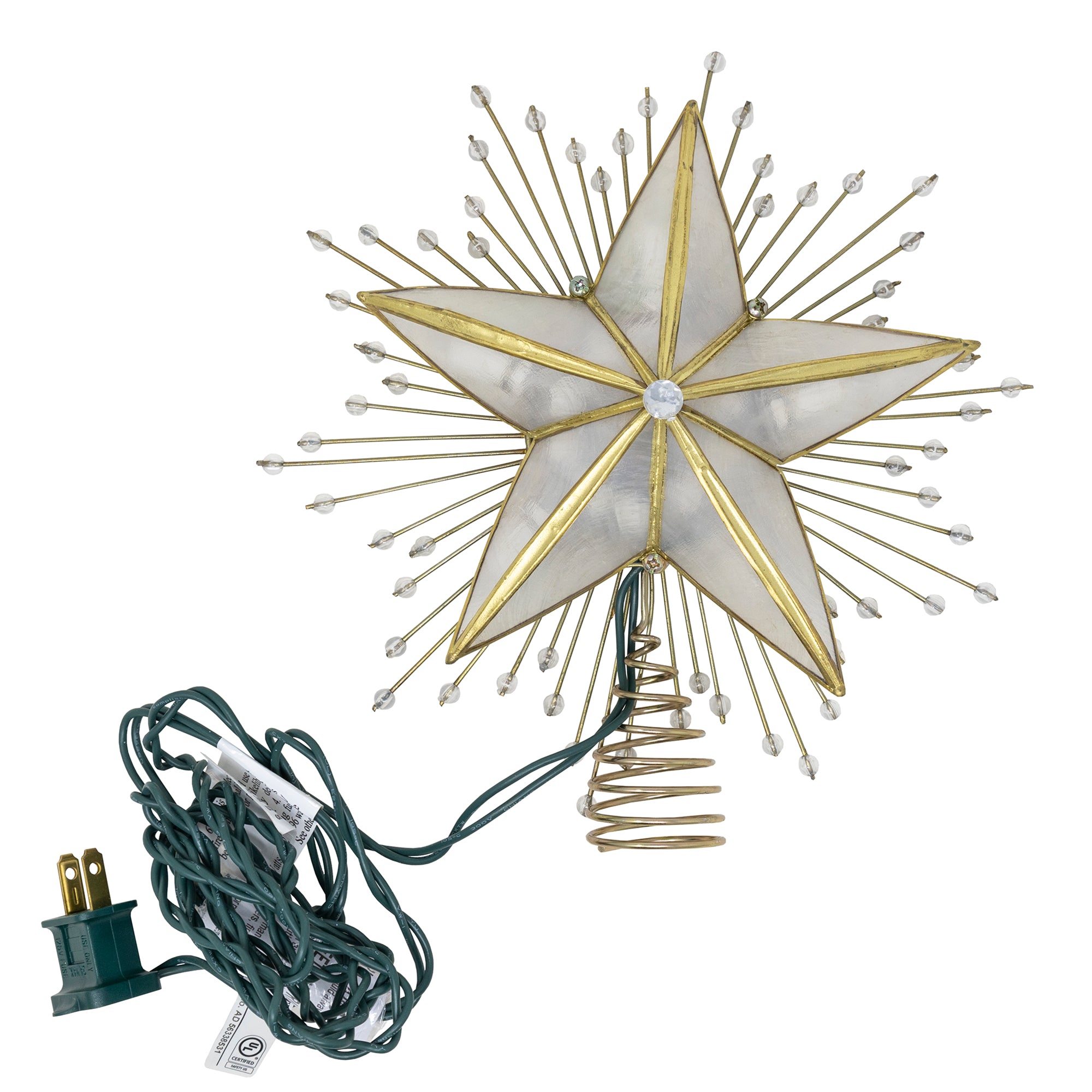 Kurt Adler 5-Point Capiz Star With Rays and Beads Lighted Treetop, 10"