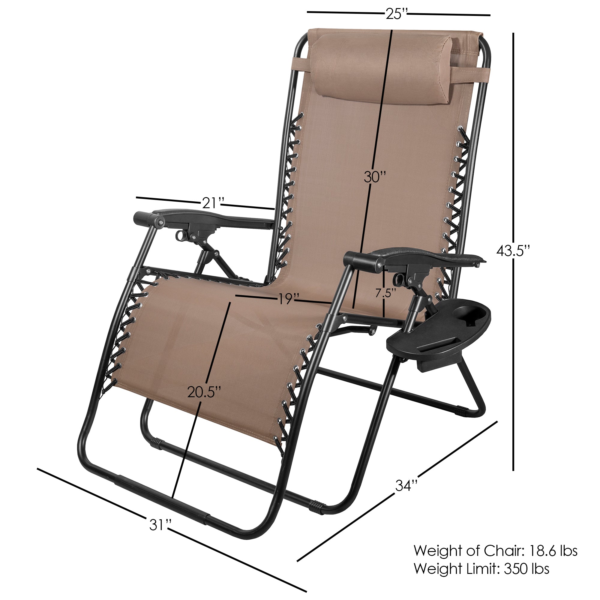 Four Seasons Reclining Zero Gravity Lawn Chair with Cup Holder, Foot Rest, and Pillow, XL, Mocha Brown