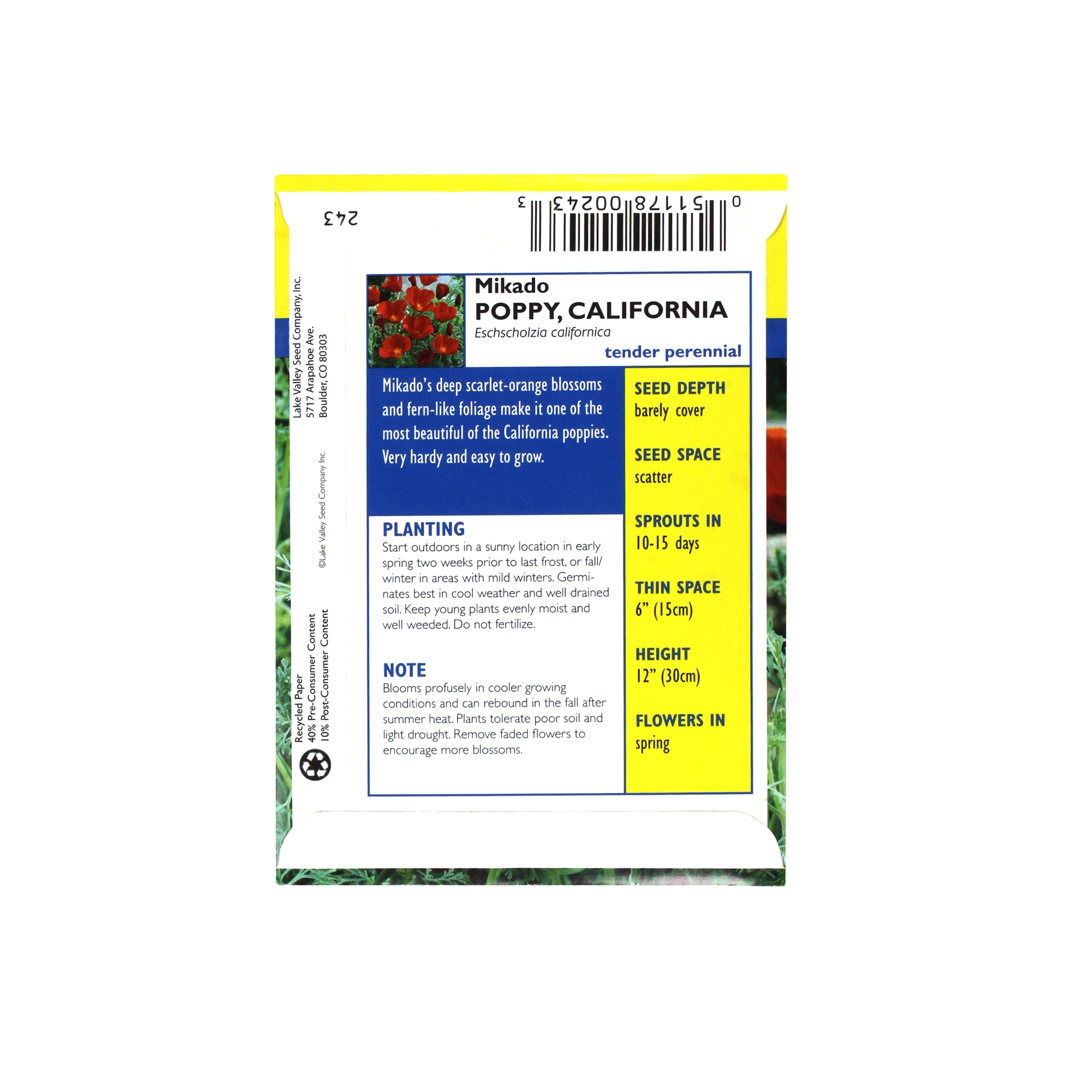 Lake Valley Seed Poppy, California Mikado Heirloom Flower, 0.5g