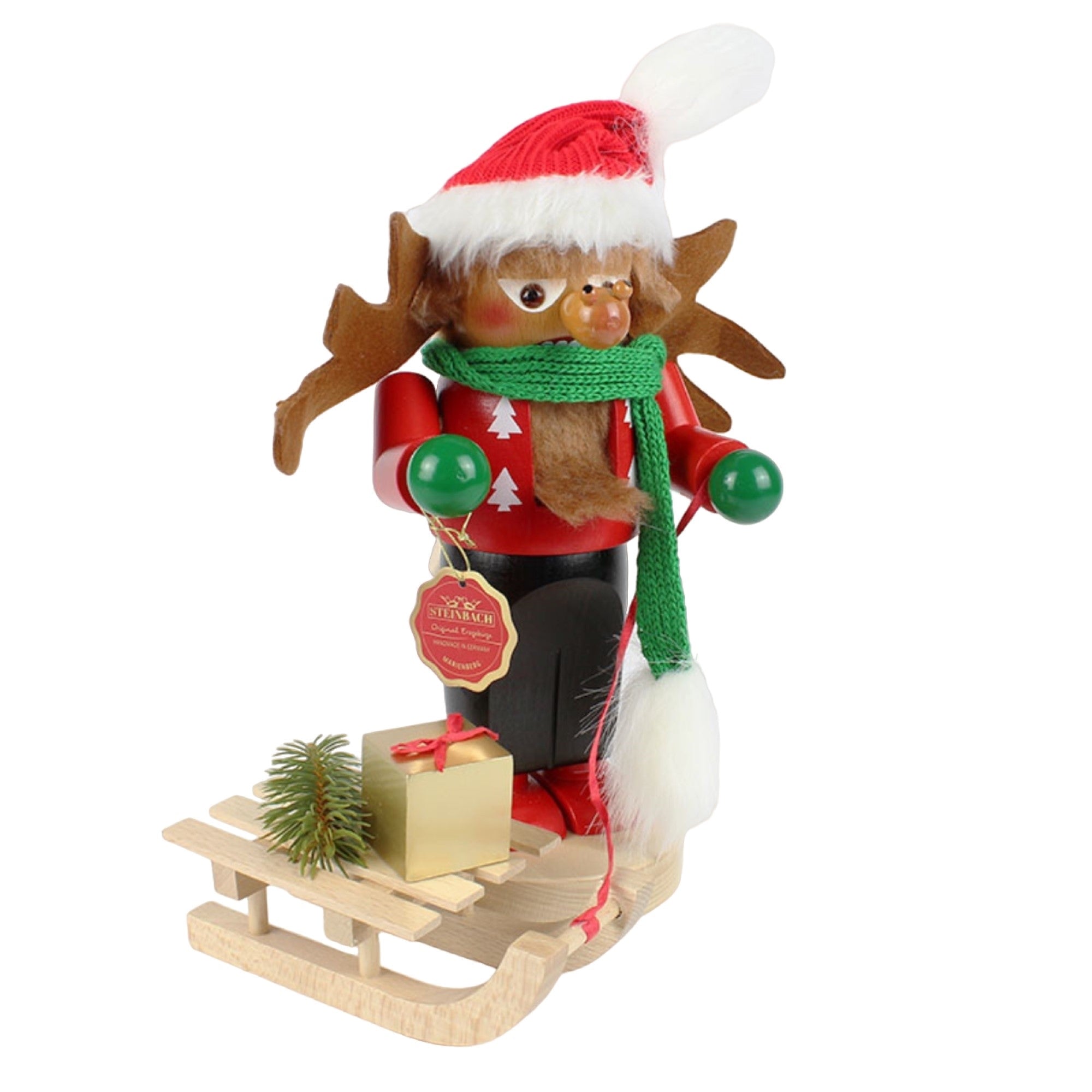 Kurt Adler Steinbach Wooden Chubby Nutcracker, Rudolph with Sleigh, 10.5"