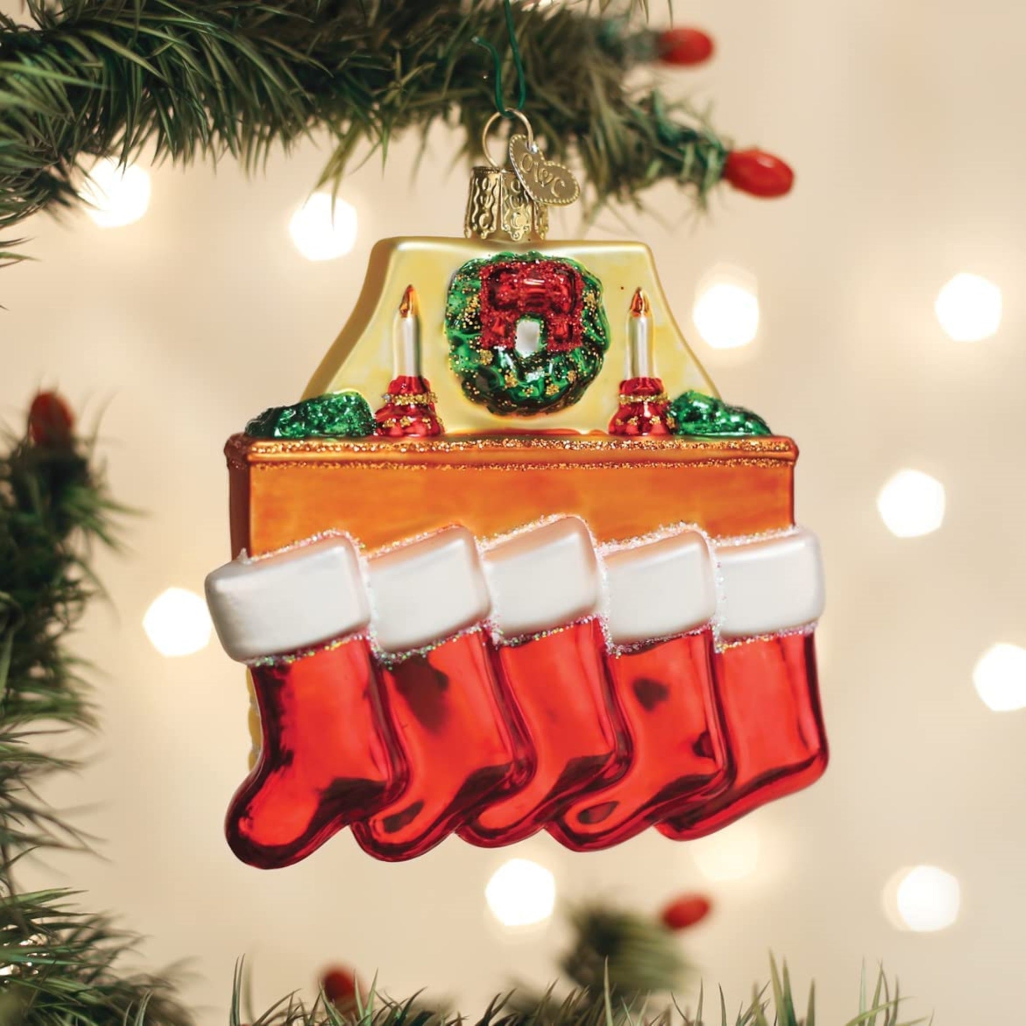 Old World Christmas Glass Blown Family of 5 Stockings Ornament, 4"