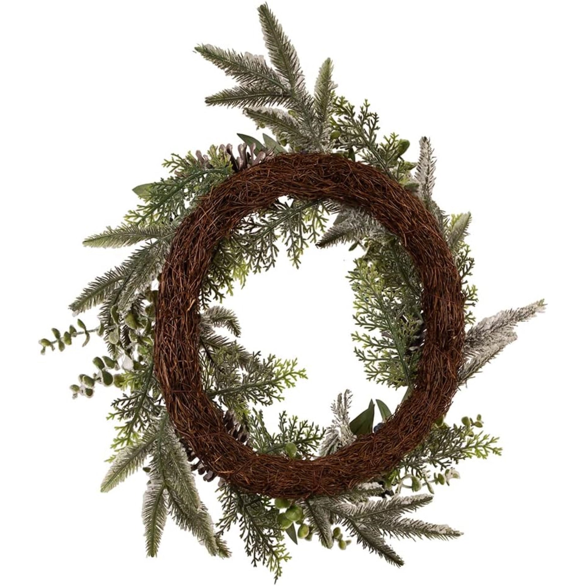 Kurt Adler Unlit Flocked Rattan Artificial Christmas Decorated Wreath with Berries and Pinecones, 24"