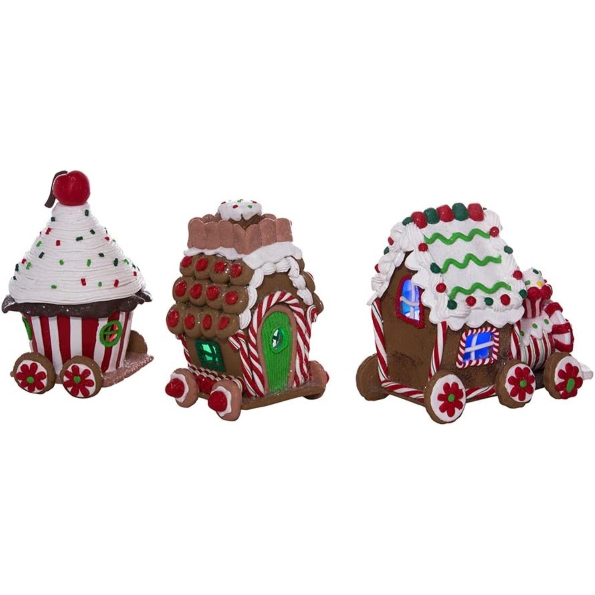 Kurt Adler Clay 3D LED Gingerbread Train Set of 3-Pieces, 4.3"