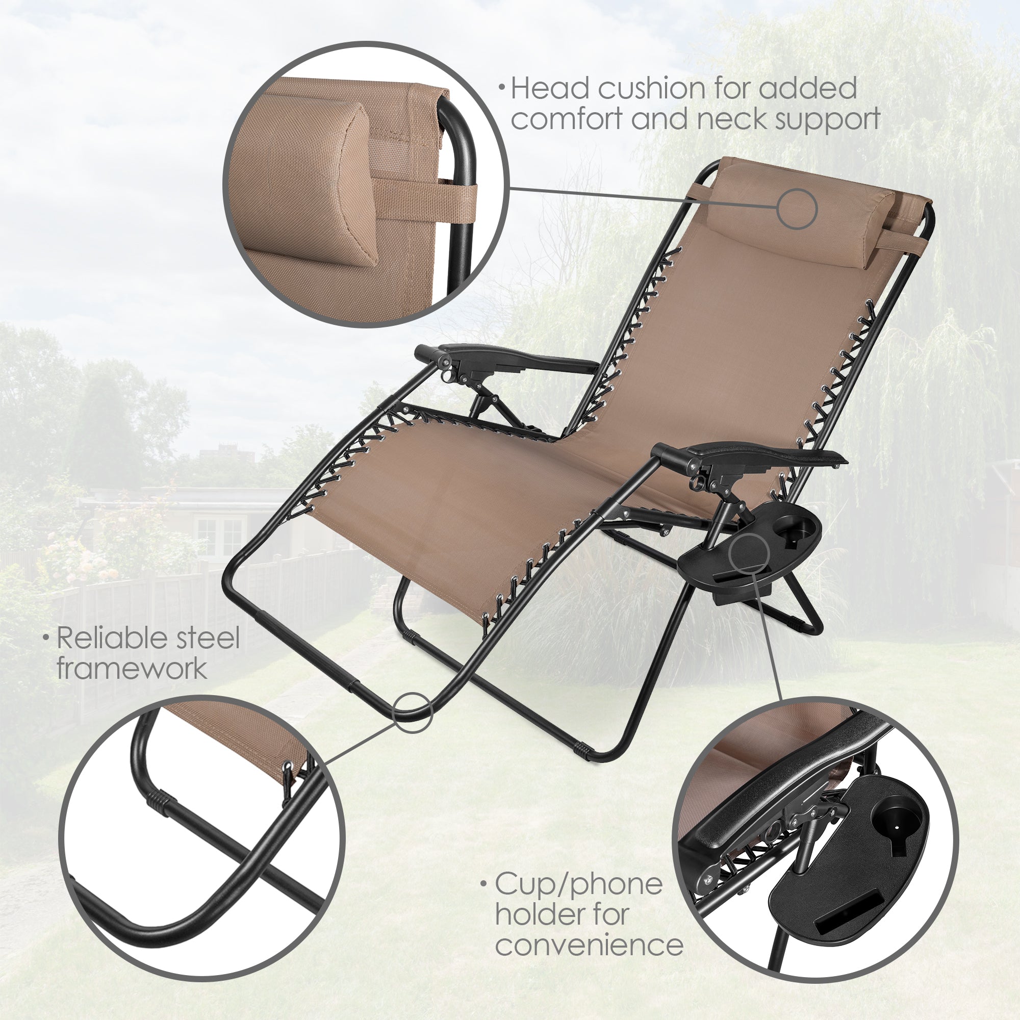 Four Seasons Reclining Zero Gravity Lawn Chair with Cup Holder, Foot Rest, and Pillow, XL, Mocha Brown