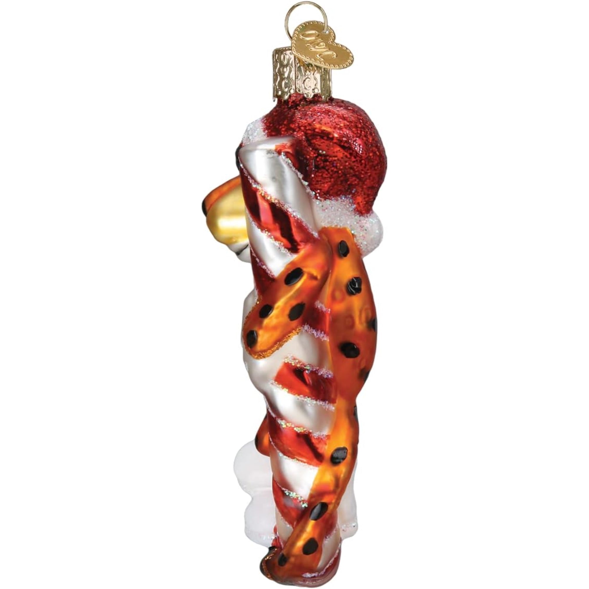 Old World Christmas Chester Cheetah On Candy Cane Blown Glass Holiday Ornament