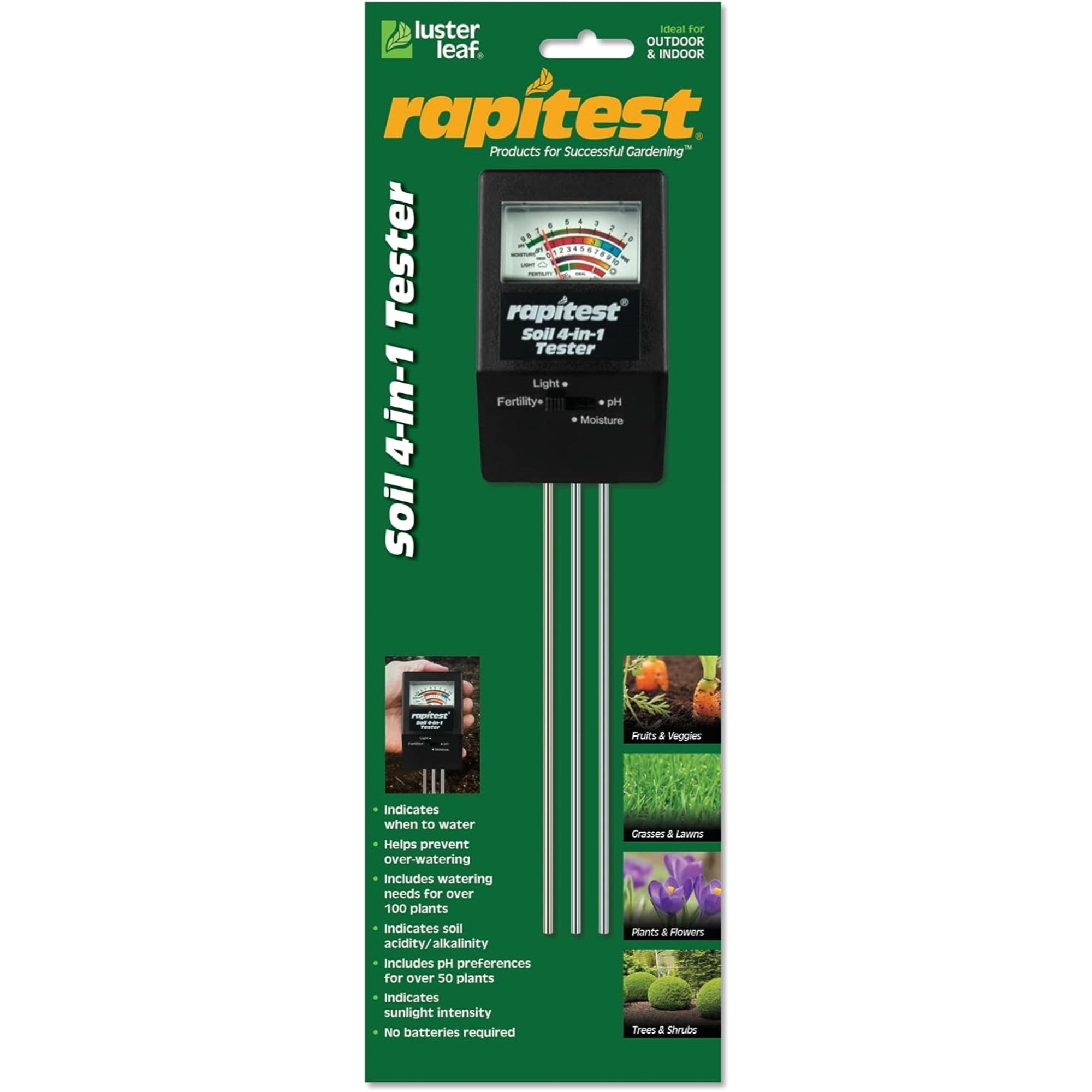 Luster Leaf Rapitest 4in1 Soil pH Moisture Fertility Light Tester, Use for Flowers, Veggies/Fruit and Landscape Plants