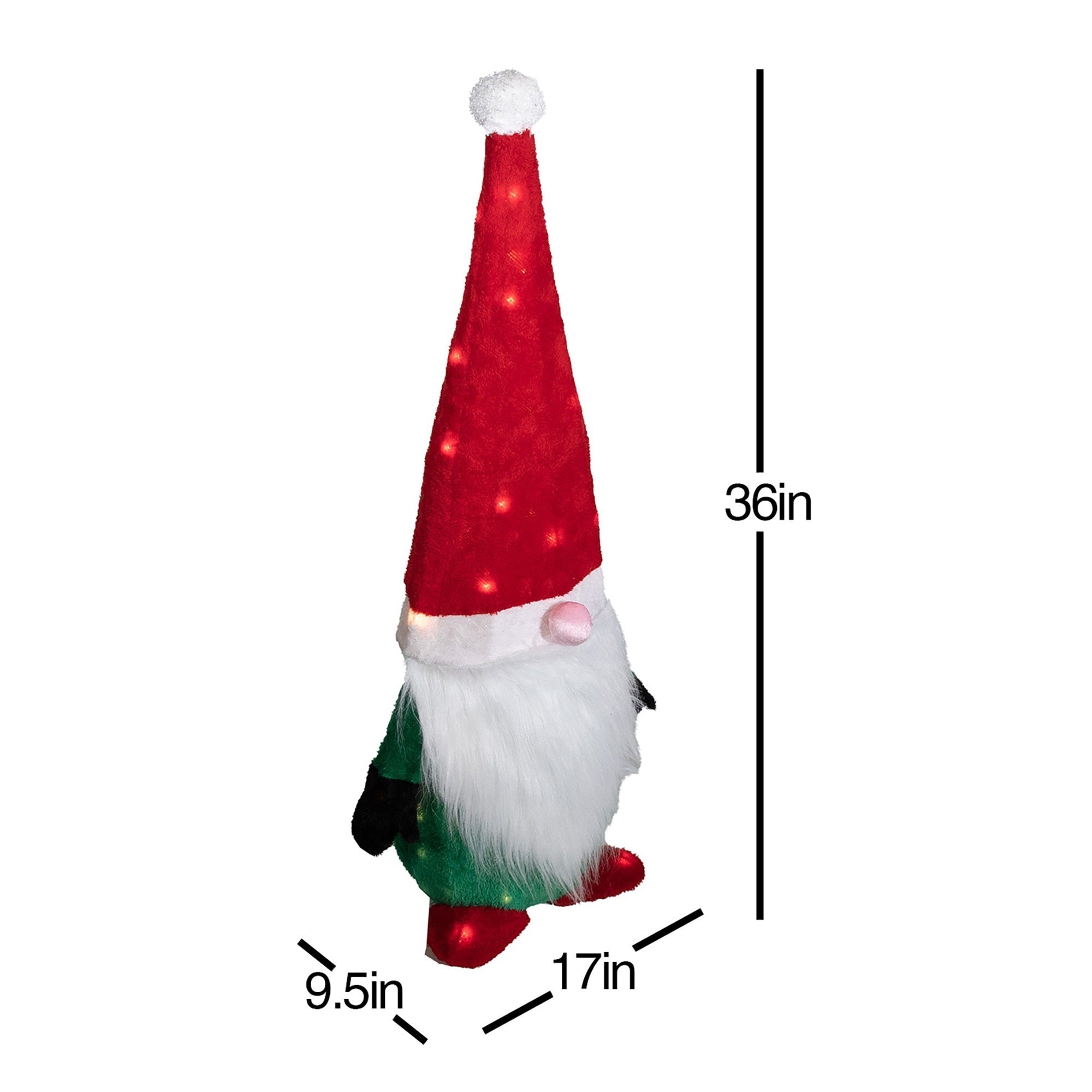 Good Tidings Gnome Santa Christmas Decoration Figurine, 50 Mini Lights, 35"