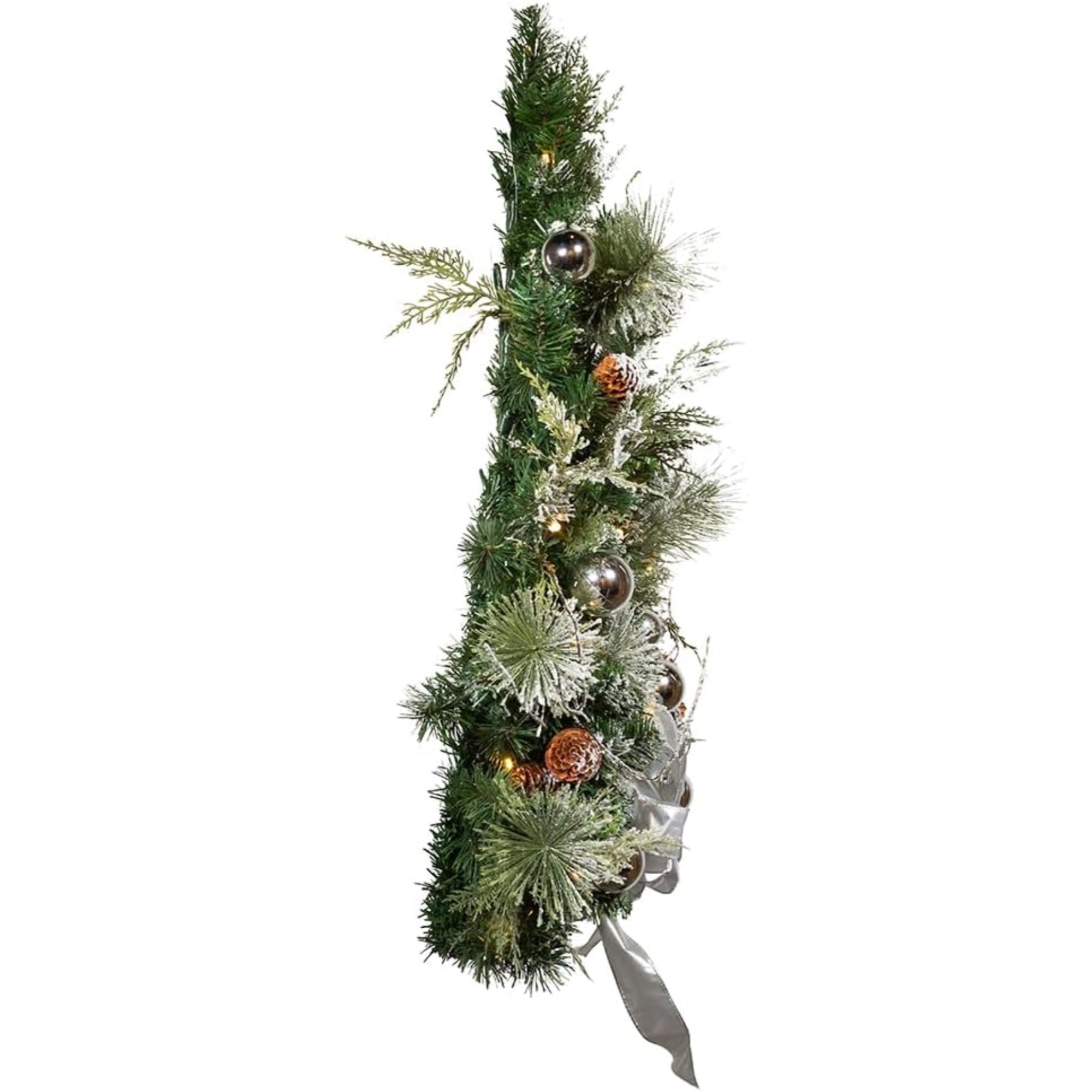 Kurt Adler Pre Lit Battery Operated Decorative Pinecone Wall Tree with Bow, White and Silver, 26in