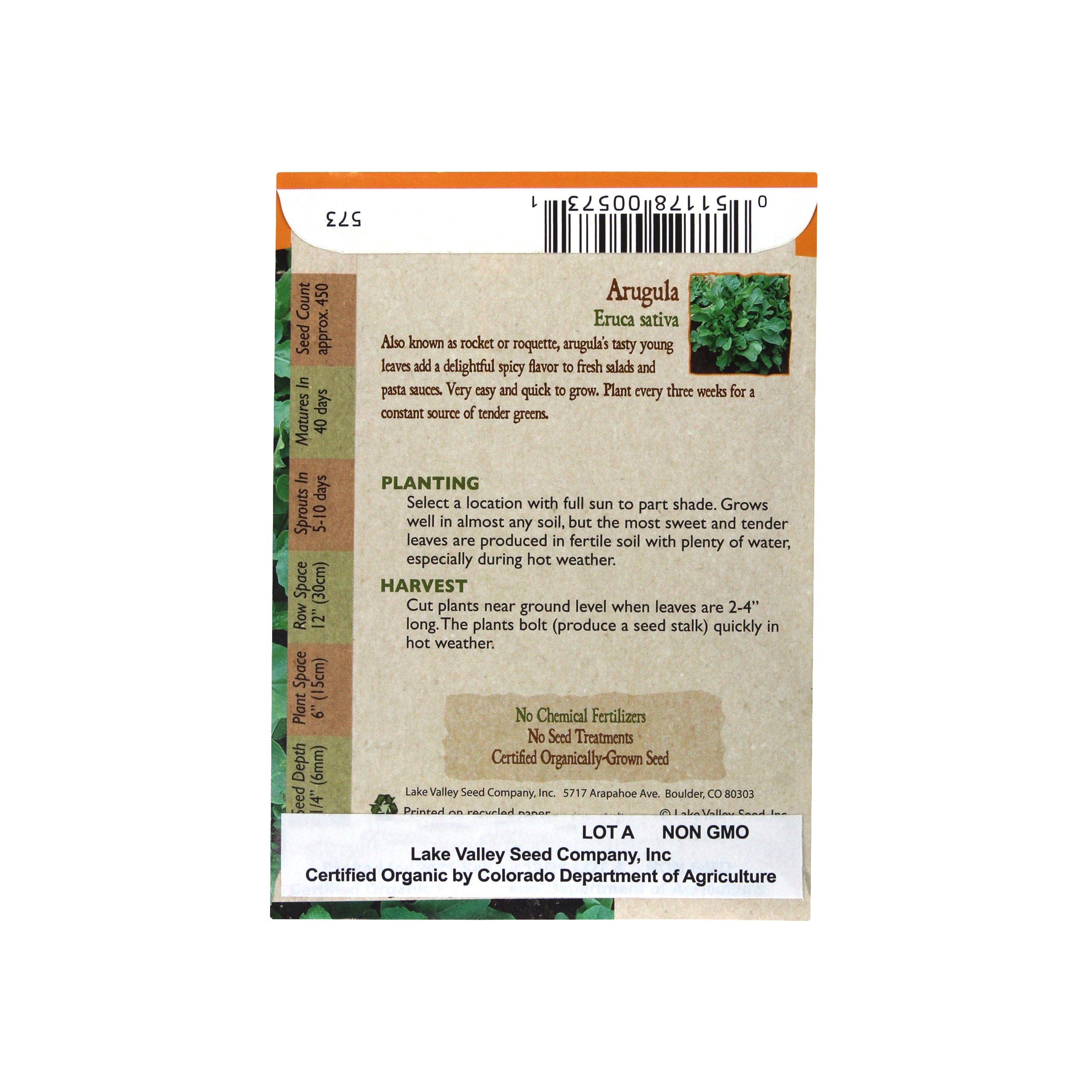 Lake Valley Seed Arugula, Organic Heirloom, 1g