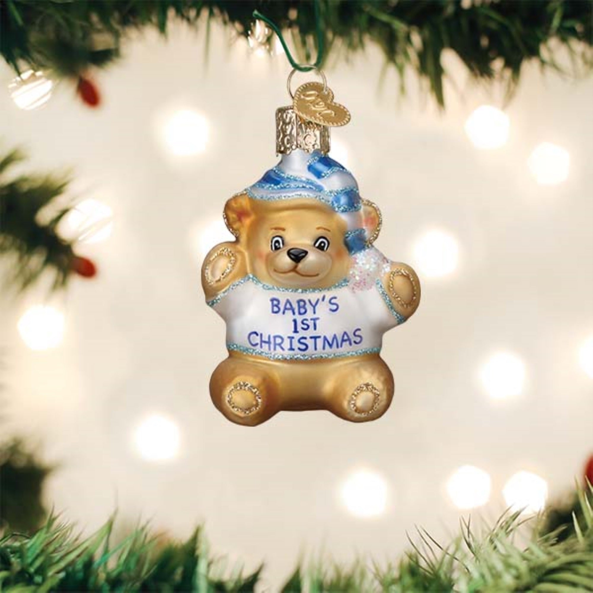 Old World Christmas Hanging Glass Tree Ornament, Baby Boy's First Teddy Bear
