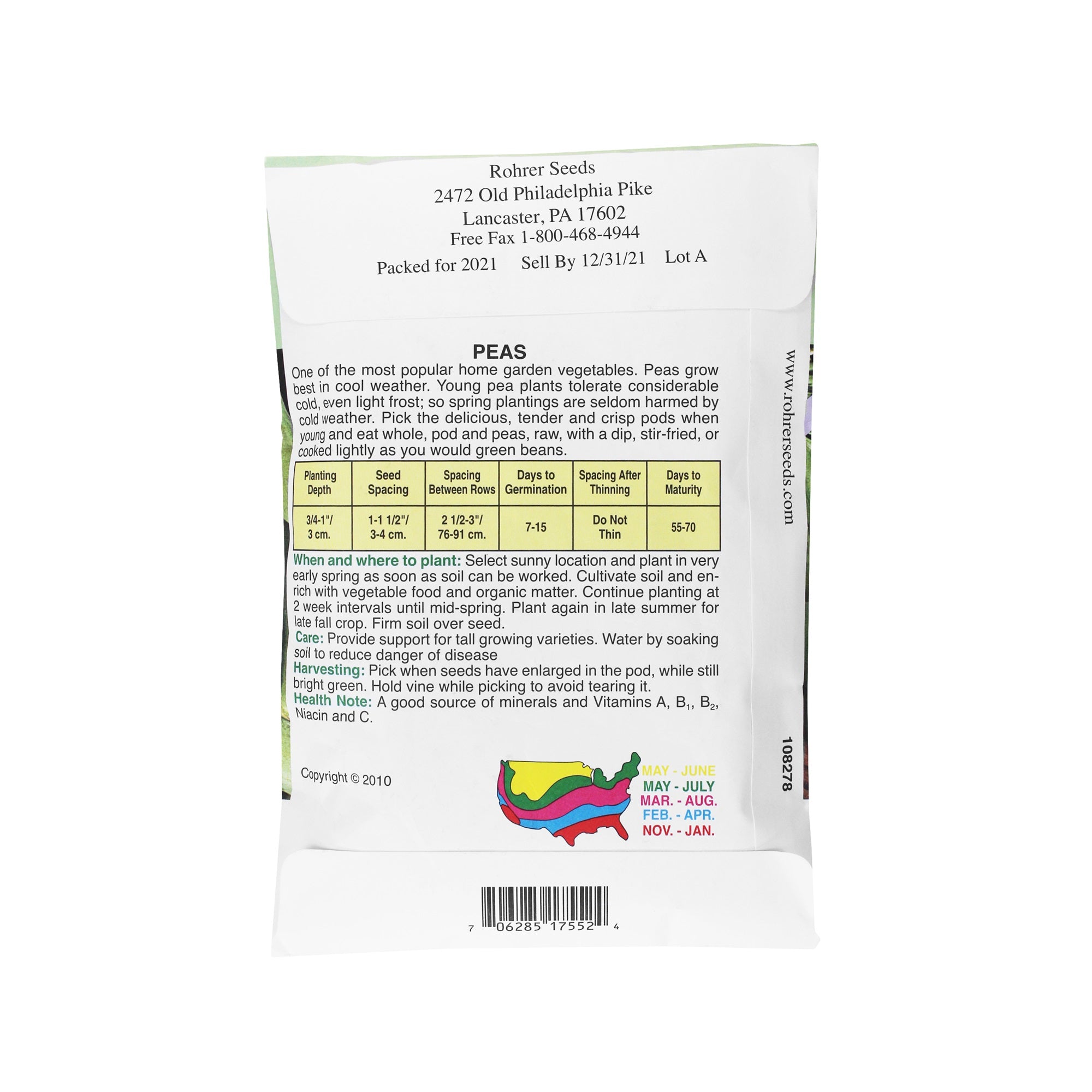 Rohrer Seed Snap Peas, Sugar Sprint Value Pack, 0.5lb Packet, Sows 50ft Row
