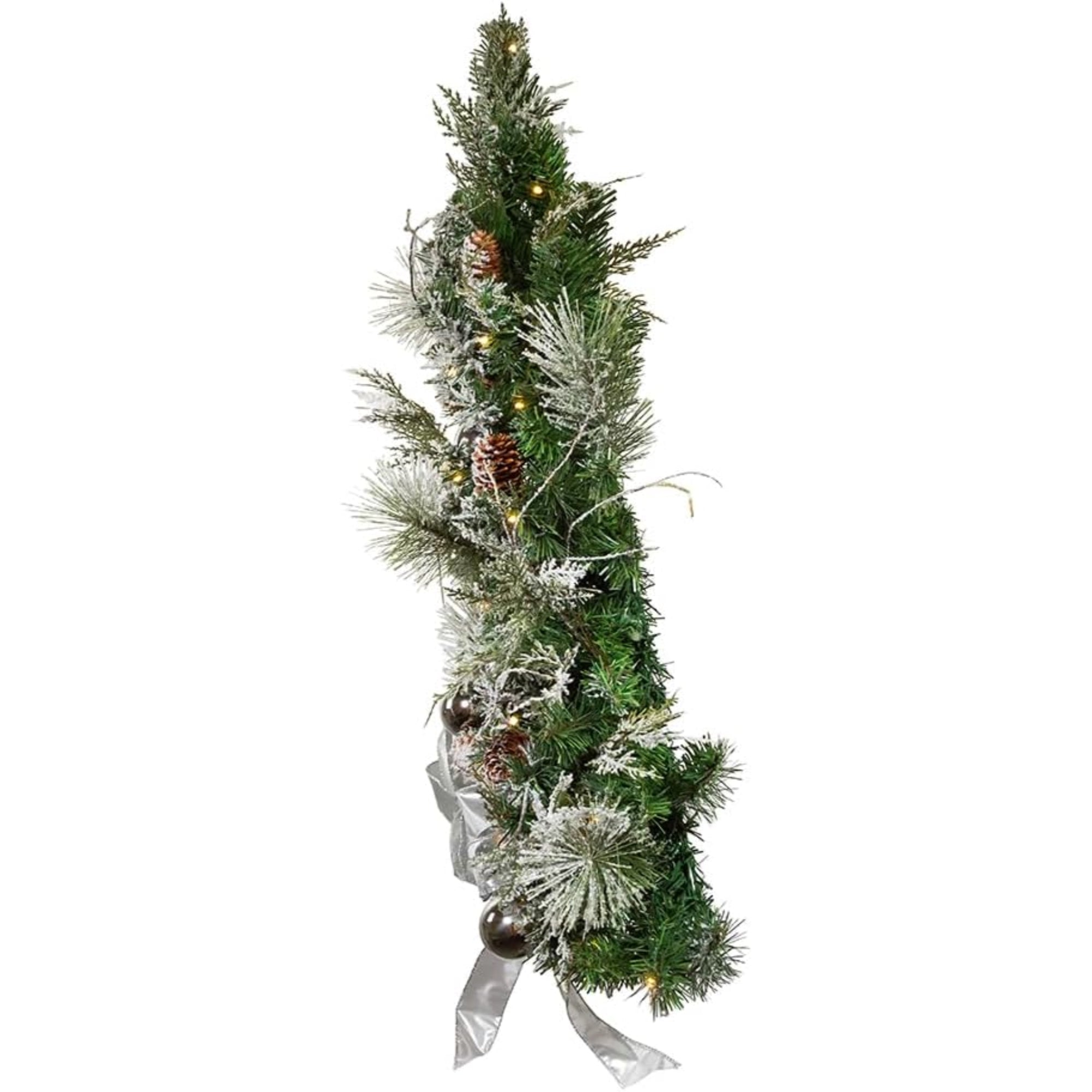 Kurt Adler Pre Lit Battery Operated Decorative Pinecone Wall Tree with Bow, White and Silver, 26in