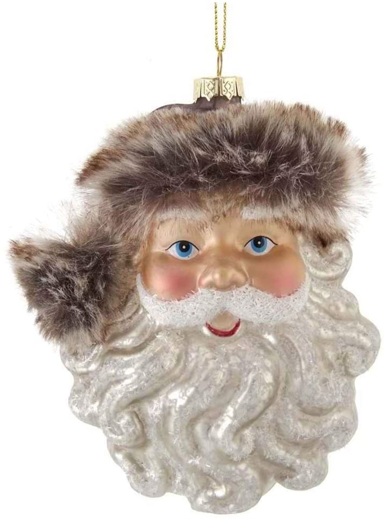 Kurt Adler Glass Santa Head With Brown Faux Fur Hanging Christmas Ornament, 5.25"