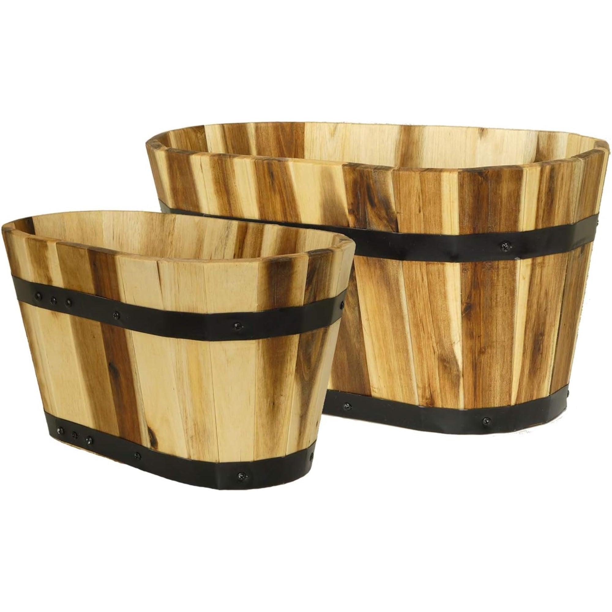 Classic Home and Garden Acacia Wood Oval Half-Barrel Planters with Metal Band, Assorted Sizes (Set of 2)