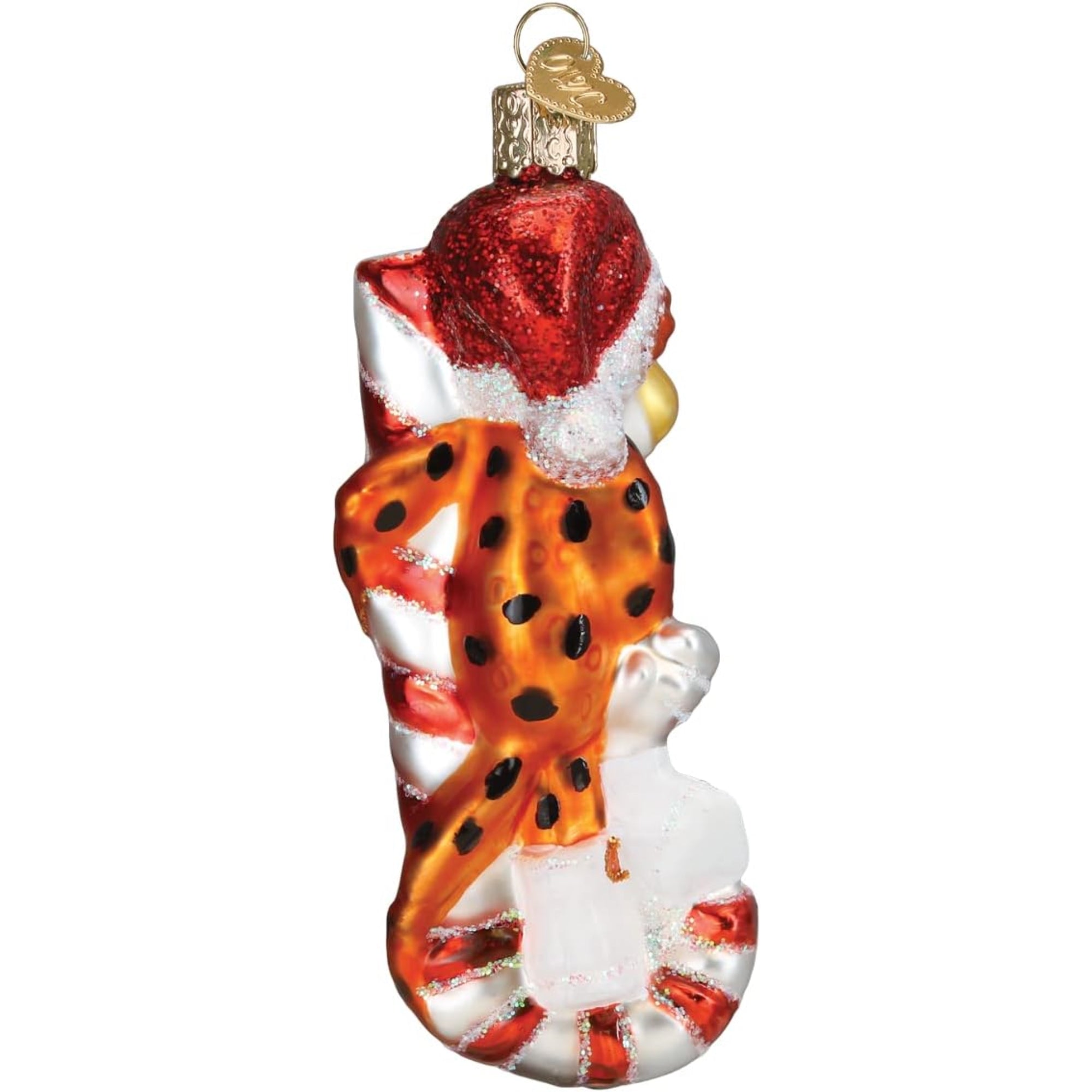 Old World Christmas Chester Cheetah On Candy Cane Blown Glass Holiday Ornament