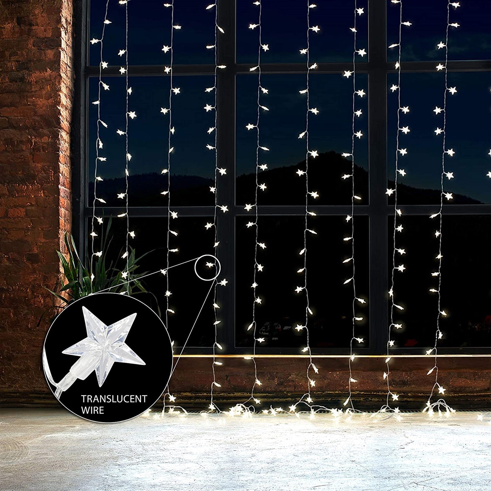 ProductWorks 8-Function String Light Curtain, 300 Clear LED Stars, 6.5 x 10
