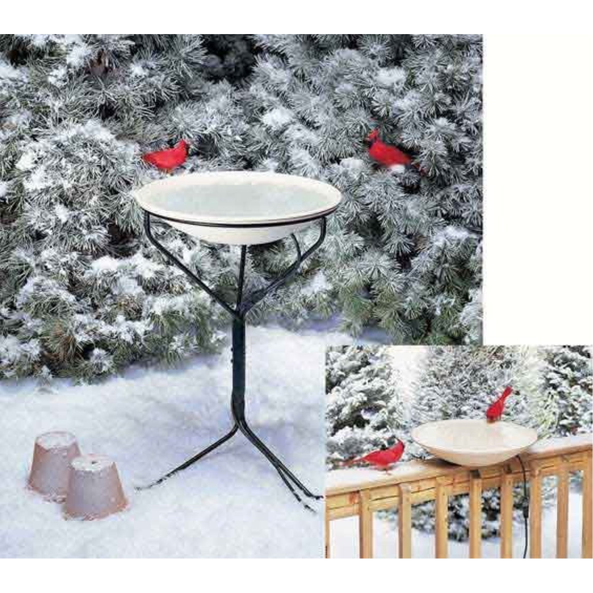 API Heated Bird Bath with Metal Stand, White Basin with Black Stand, 20”