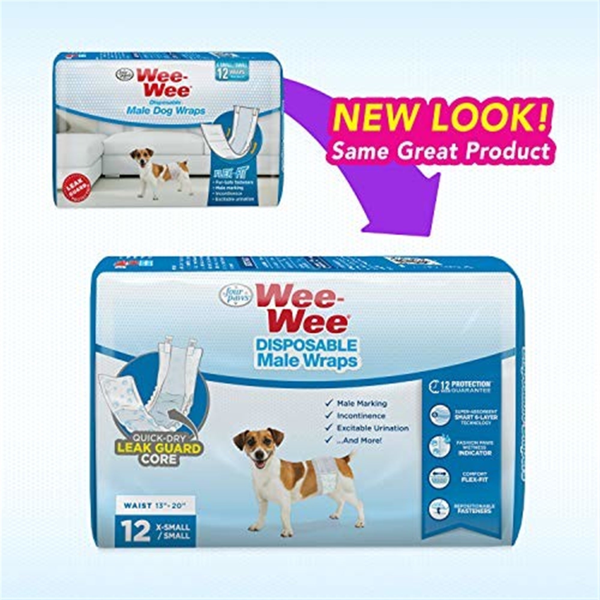 Four Paws Wee-Wee Disposable Male Dog Wraps, X-Small to Small (12 Per Pack)