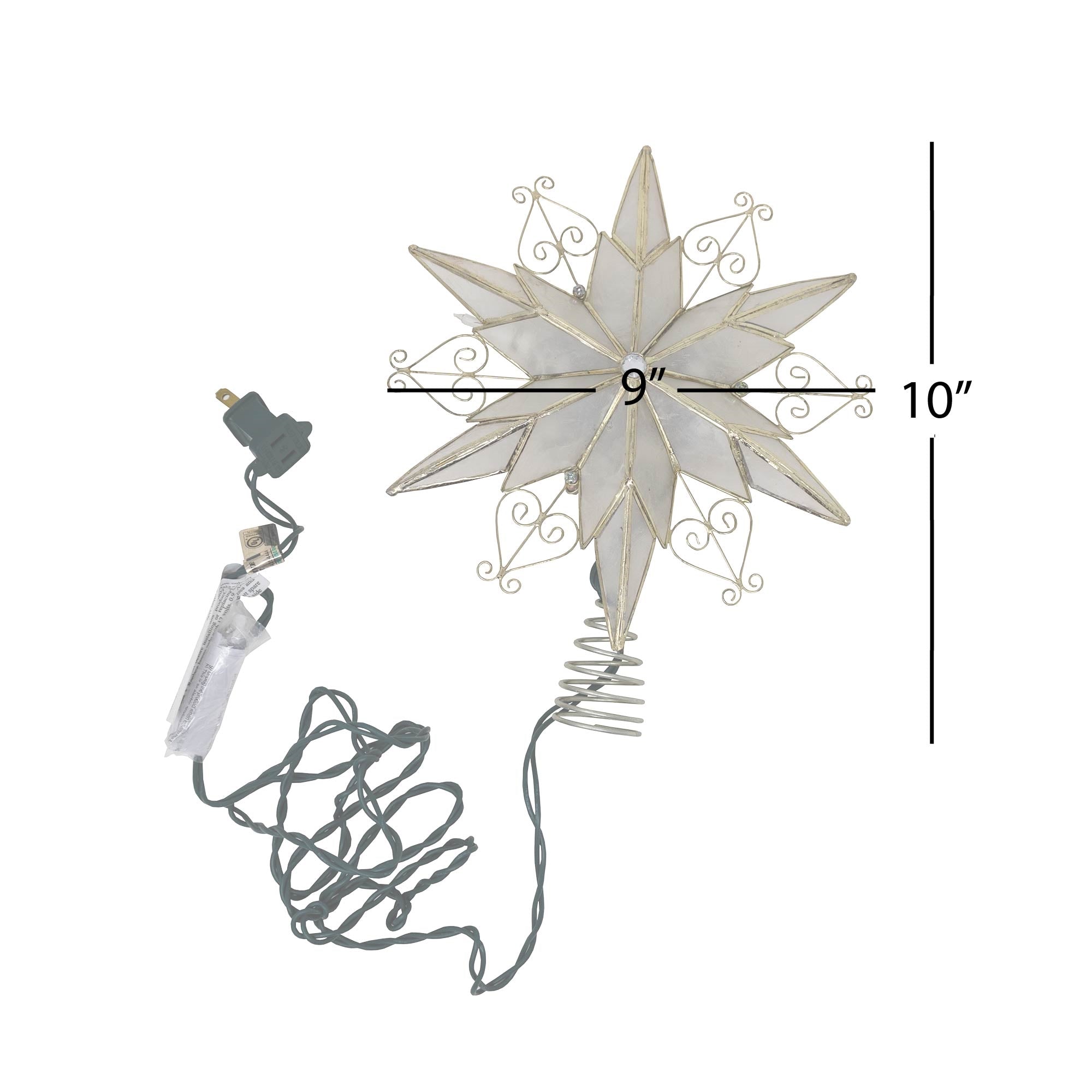 Kurt Adler 10-Light 6 Point Capiz Star w/ Scroll Design Lighted Treetop Star, 9"