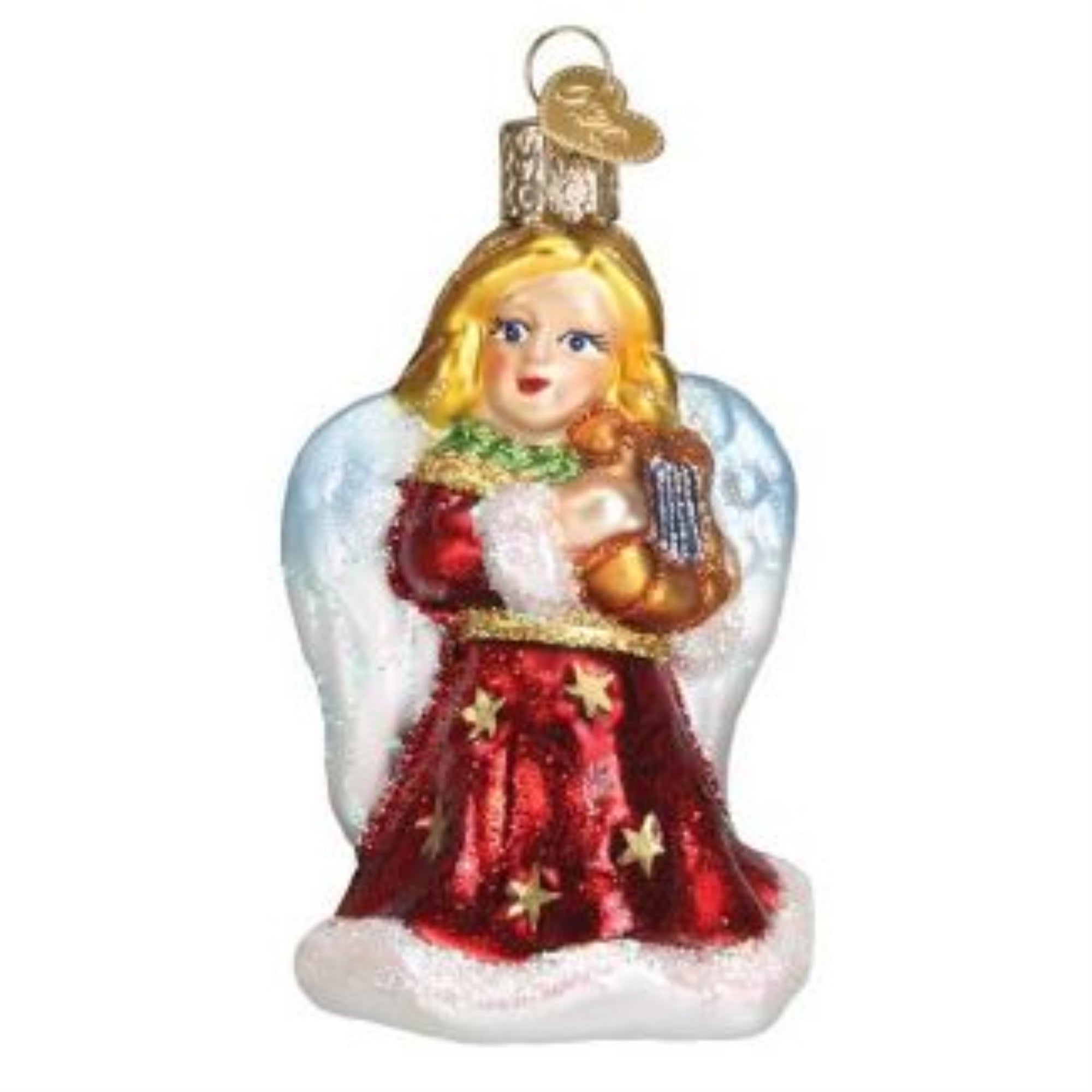 Old World Blown Glass Christmas Tree Ornament, Red Angel Holding Lyre
