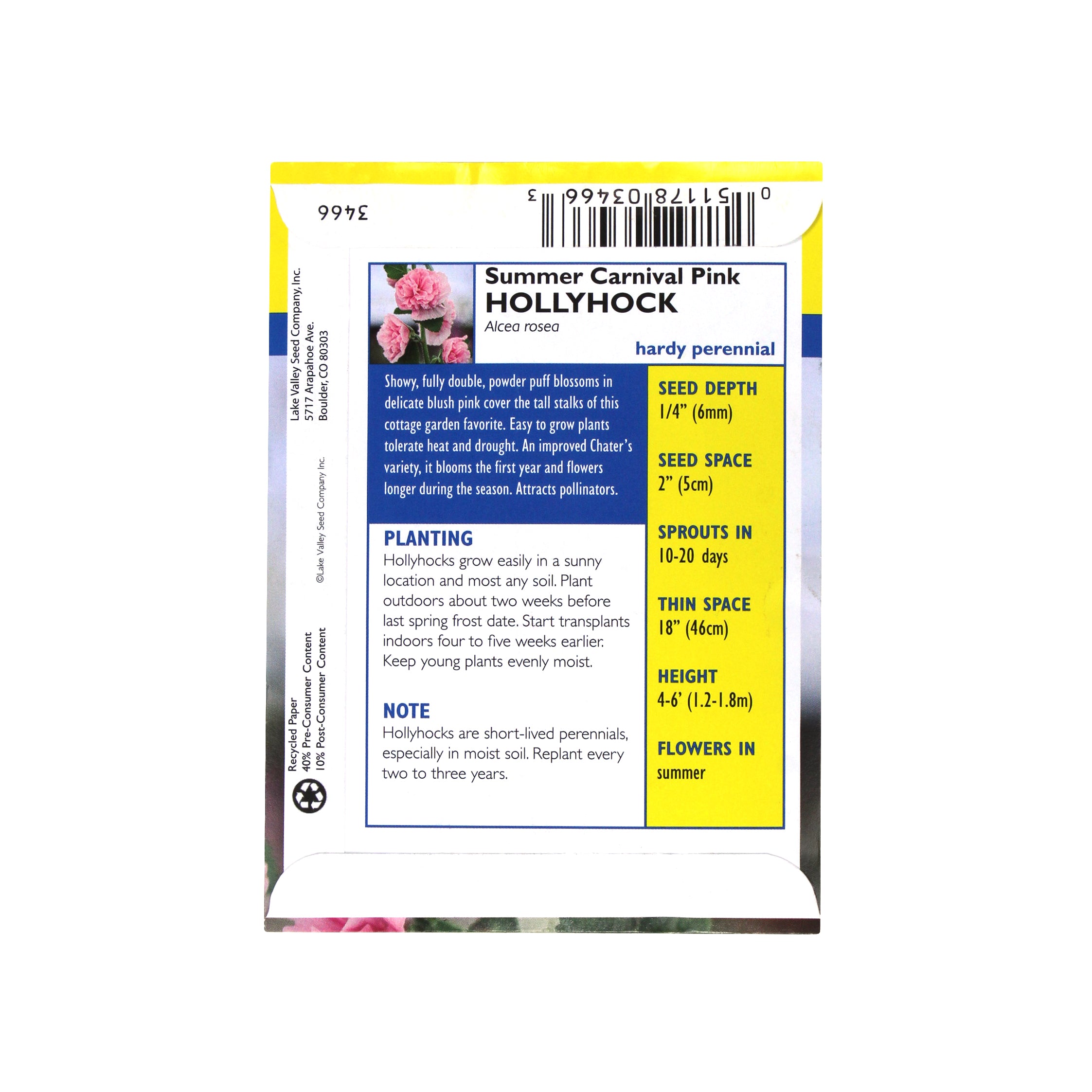 Lake Valley Seed Summer Carnival Pink Heirloom Hollyhock, 0.50g