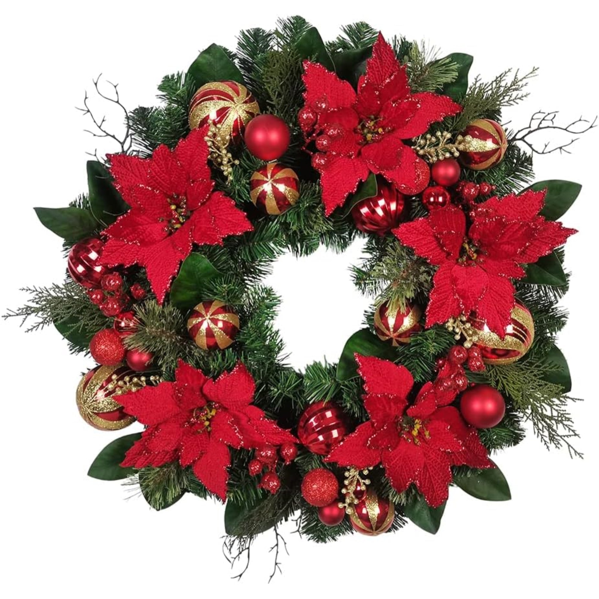 Kurt Adler Unlit Christmas Artificial Decorated Wreath with Ornaments and Poinsettias, Red and Green, 30"
