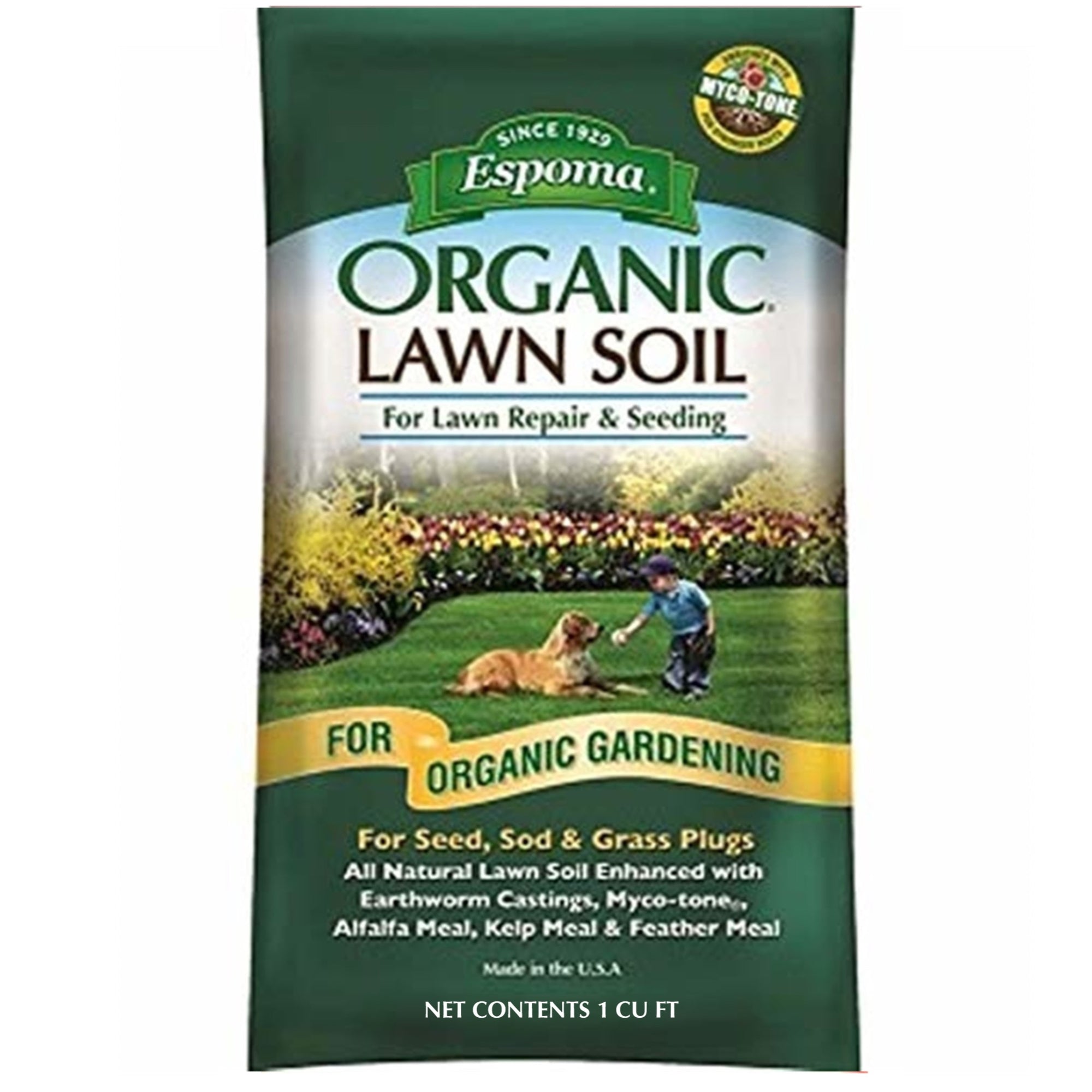 Espoma Organic Lawn Soil for Repair & Seeding, All-Natural Lawn Soil Enhanced with Earthworm Castings, Myco-tone, Alfalfa Meal, Kelp Meal and Feather Meal, 1 CF Bag