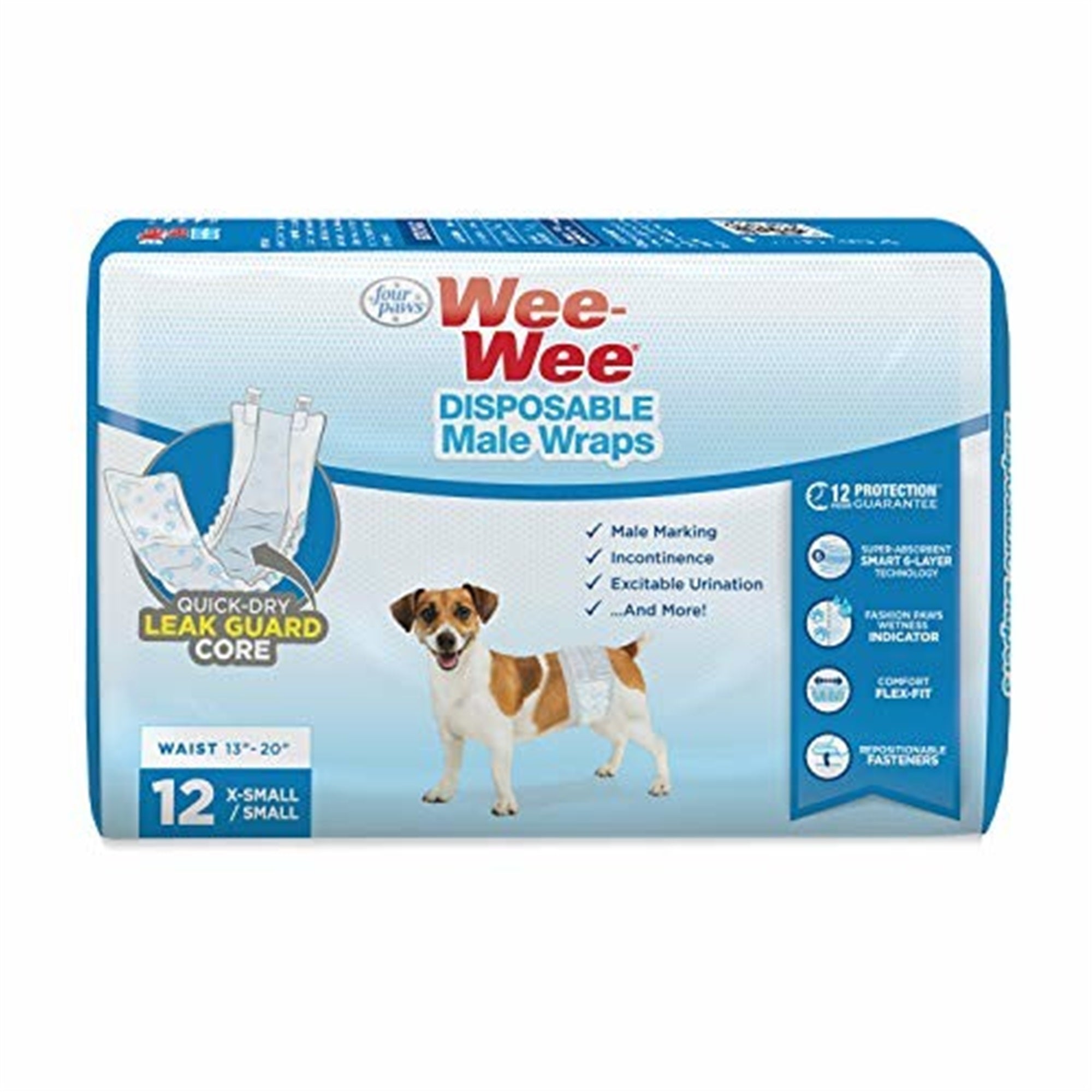 Four Paws Wee-Wee Disposable Male Dog Wraps, X-Small to Small (12 Per Pack)