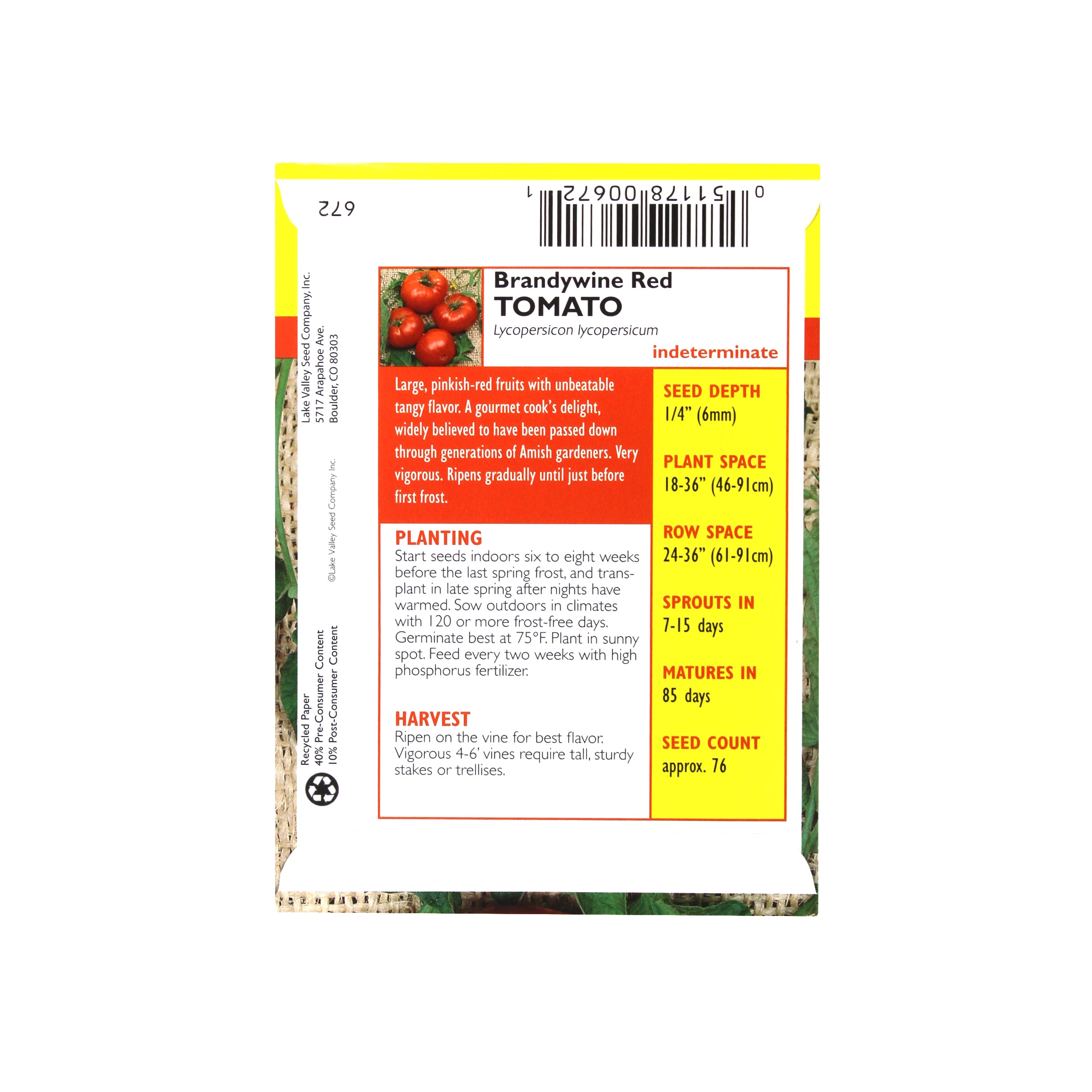 Lake Valley Seed Tomato (Pole) Brandywine Red Heirloom, 0.20g