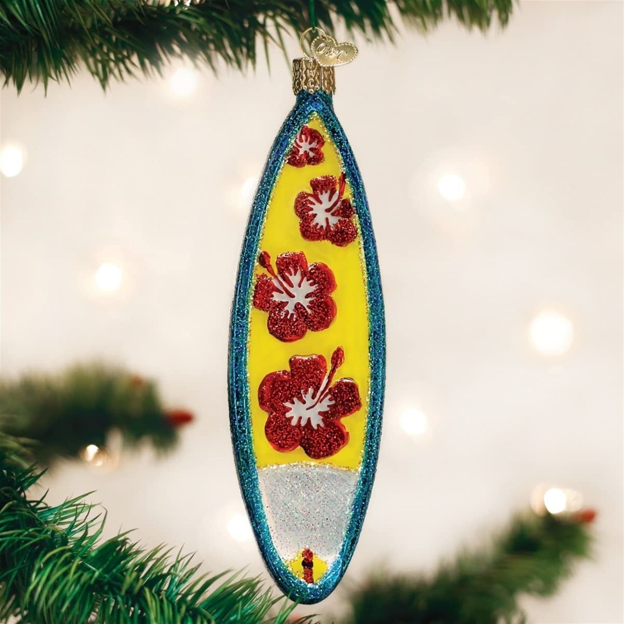 Old World Christmas Glass Blown Surfboard Ornament