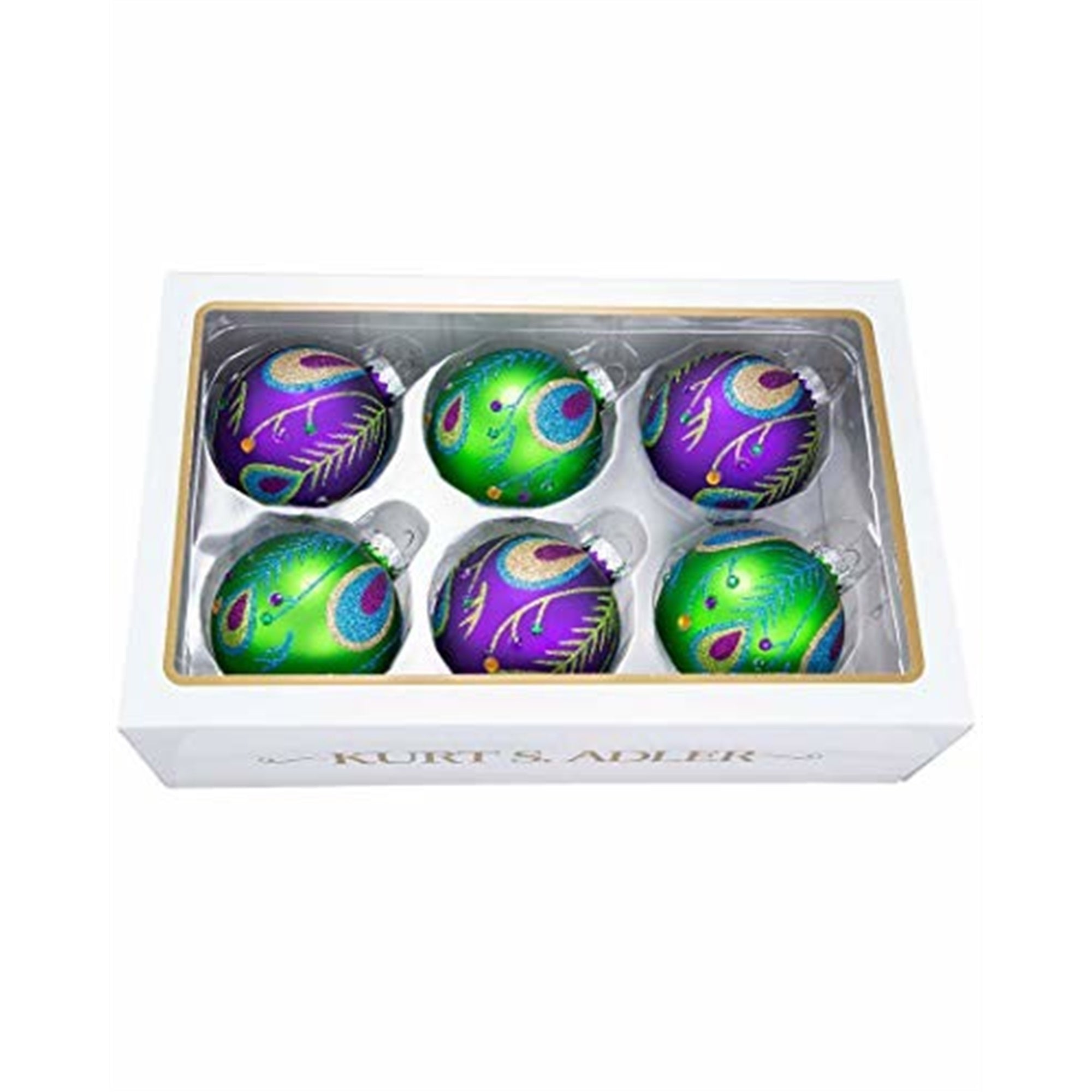 Kurt Adler 80 Mm Peacock Purple Green Glitter Balls 6 Piece