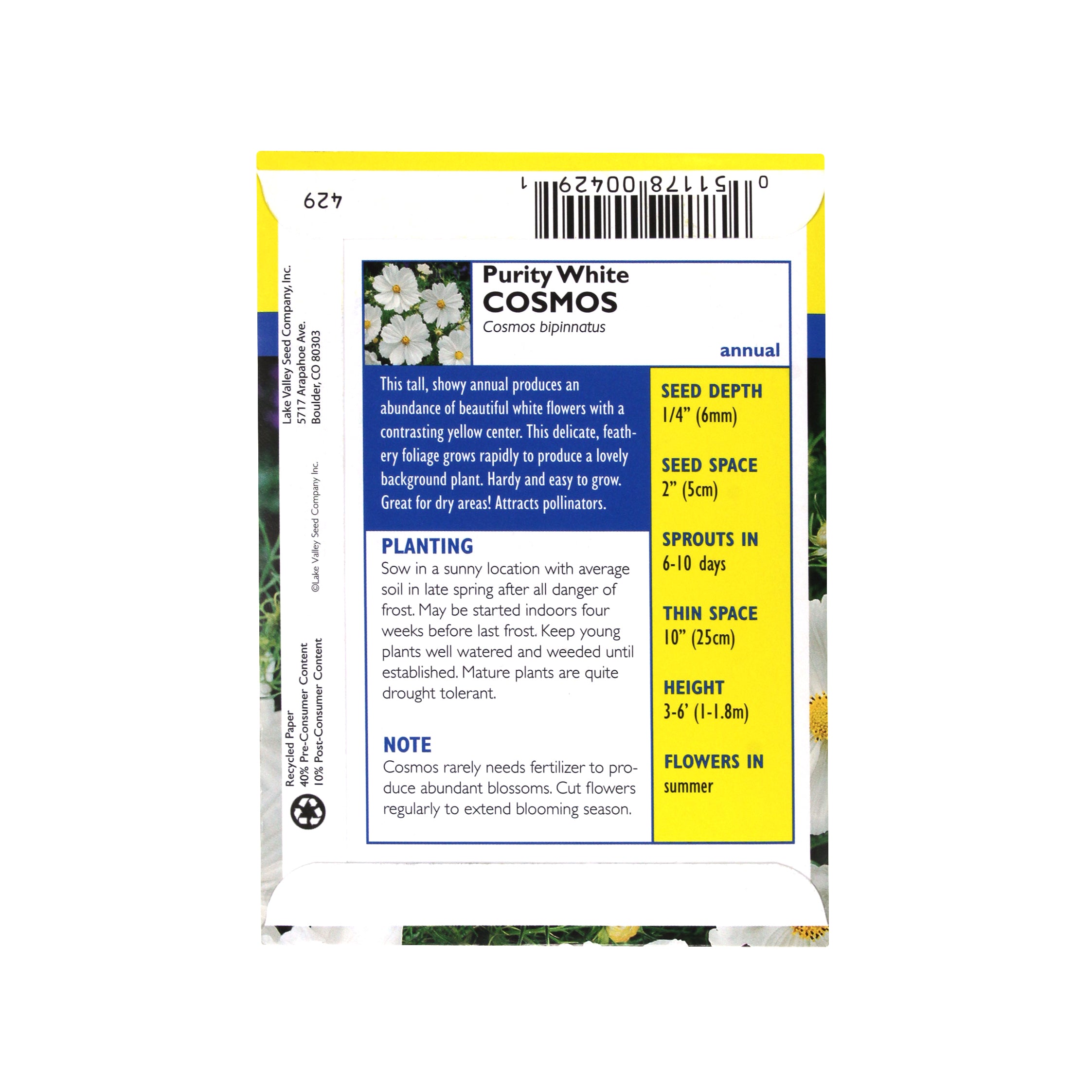 Lake Valley Seeds Cosmos, Purity White Heirloom, 1g