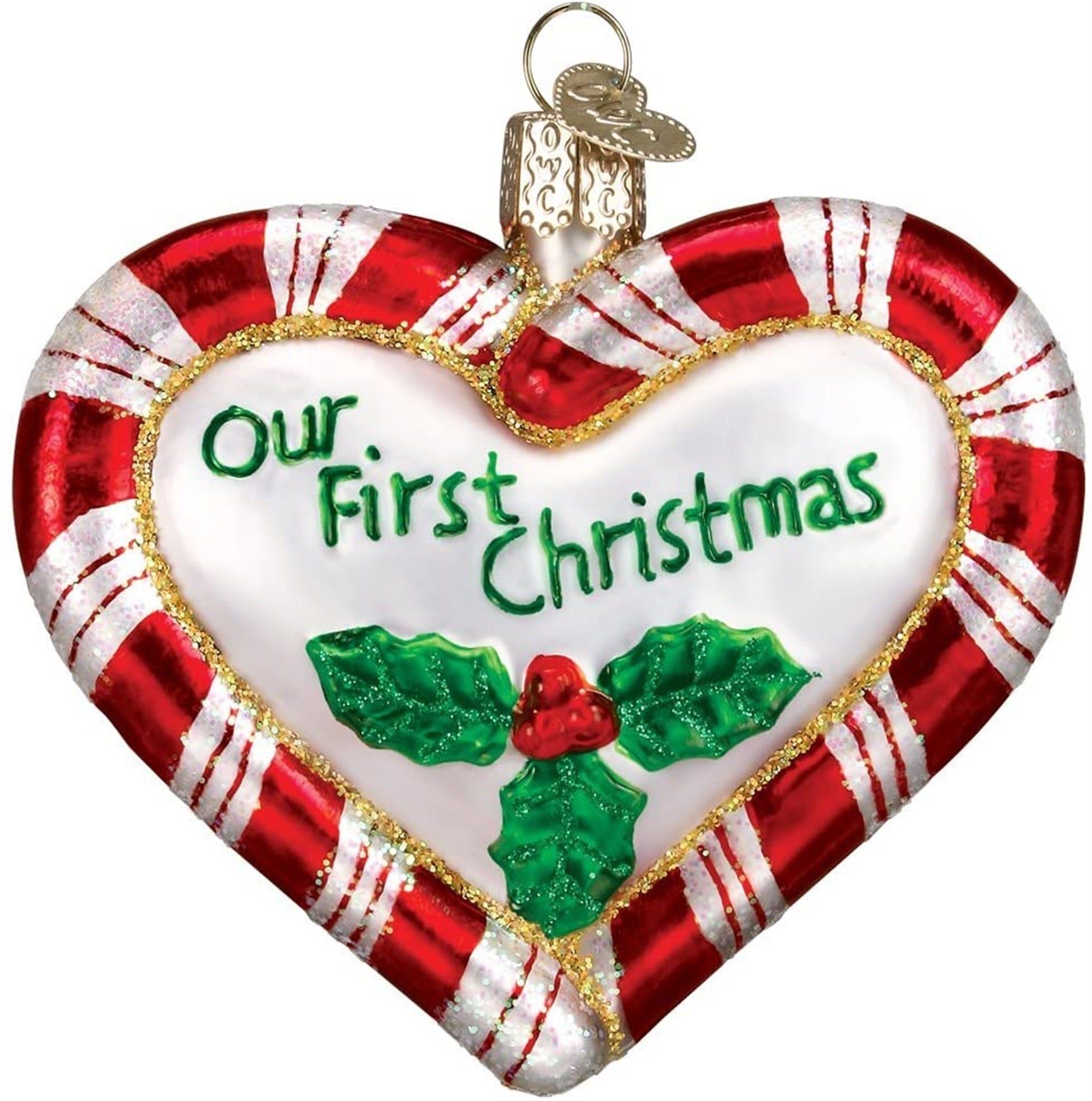 Old World Christmas Glass Blown Ornament Peppermint Heart, 3.25"