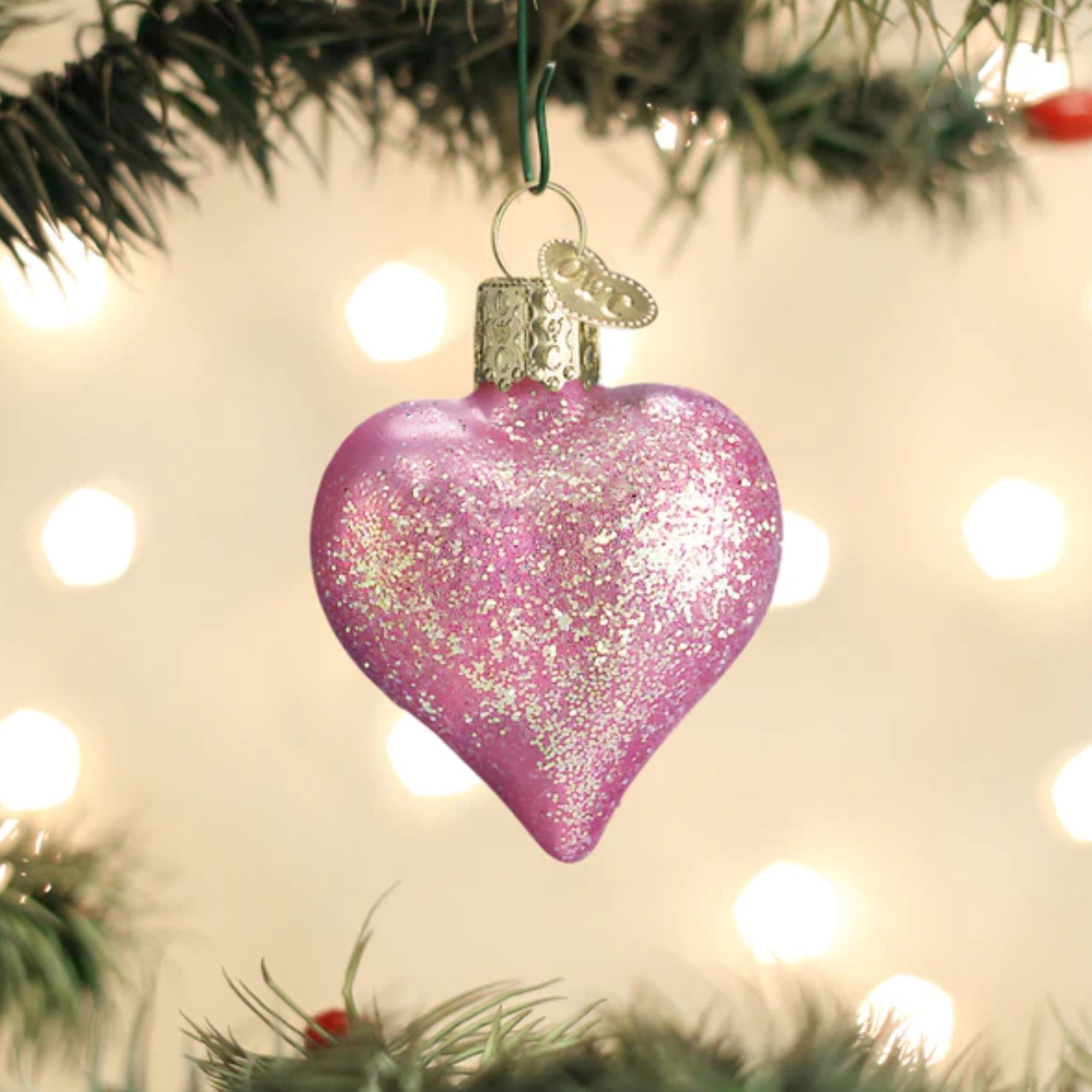 Old World Christmas Glass Blown Glittered Heart Pink, 2.75"