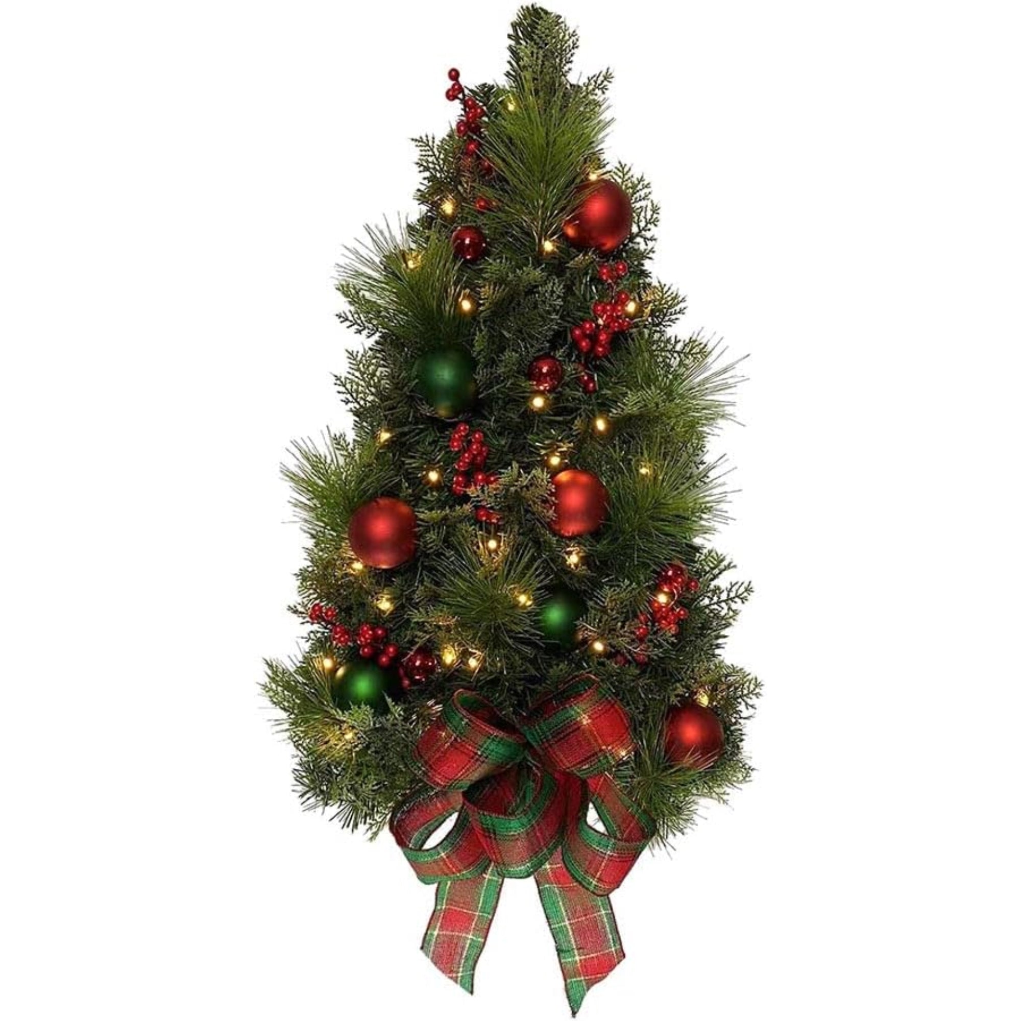 Kurt Adler Pre Lit Battery Operated Wall Tree with Bow, Green and Red, 26in