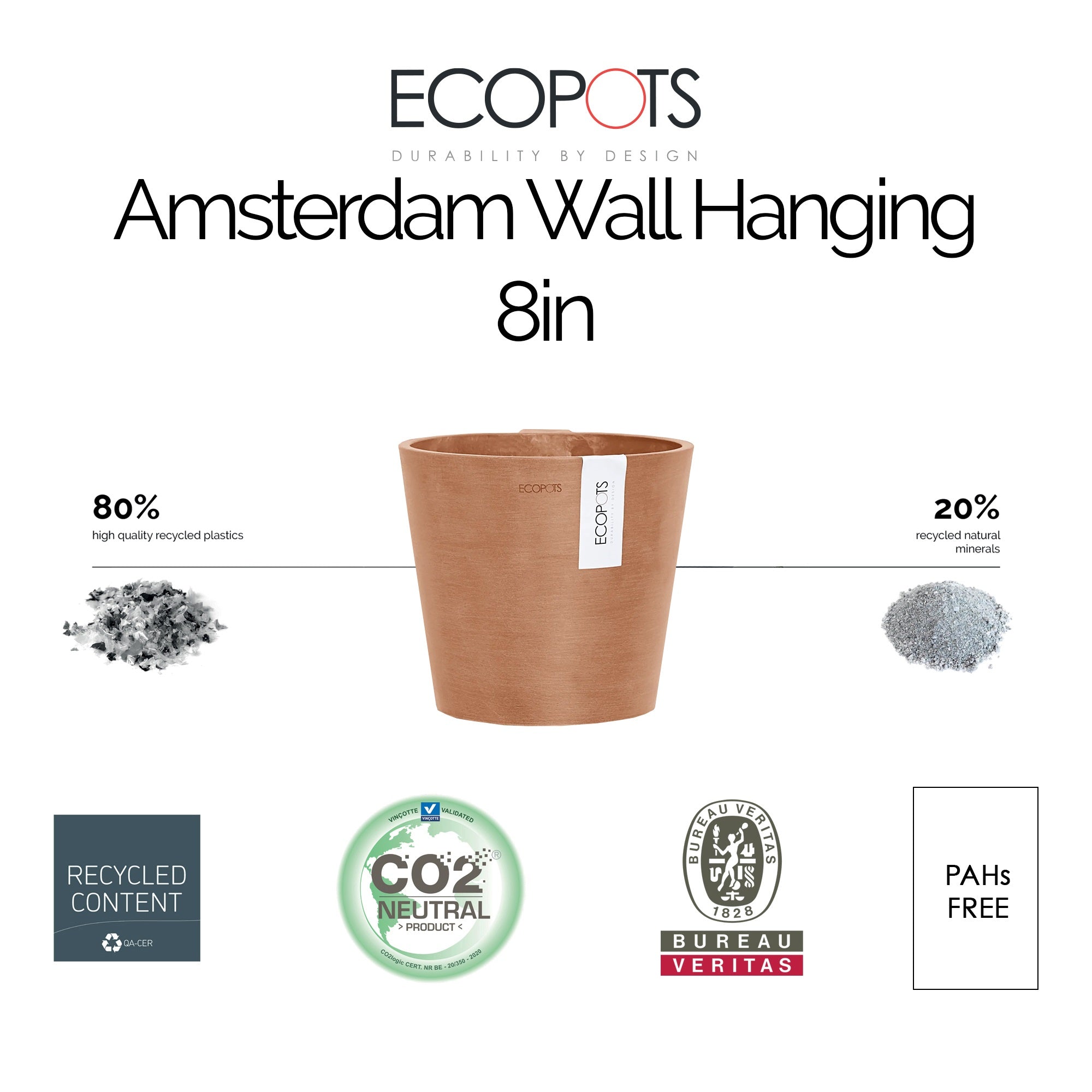 Ecopots Amsterdam Modern Recycled Plastic Round Wall Flower Pot, 8"