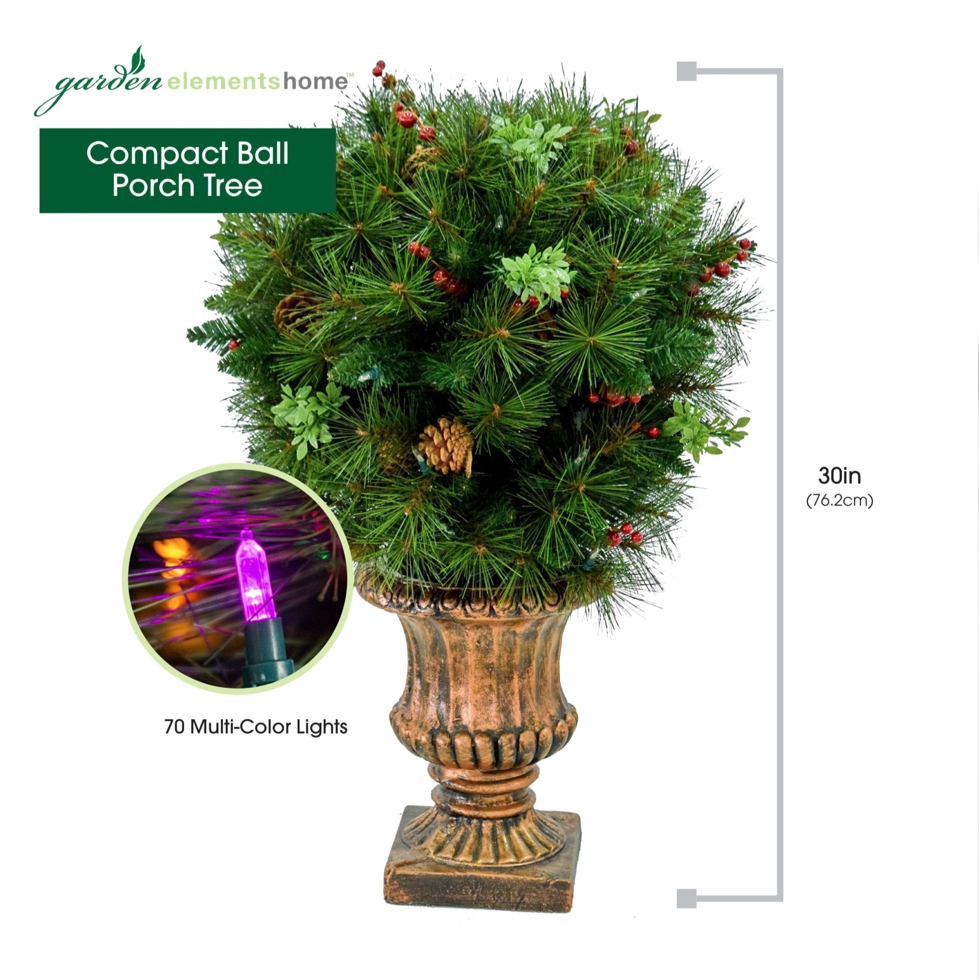 Garden Elements Battery Operated Christmas Compact Ball Porch Tree in Bronze Container with Pinecones and Berries, 220 Tips, 70 Lights 20" D x 30" H