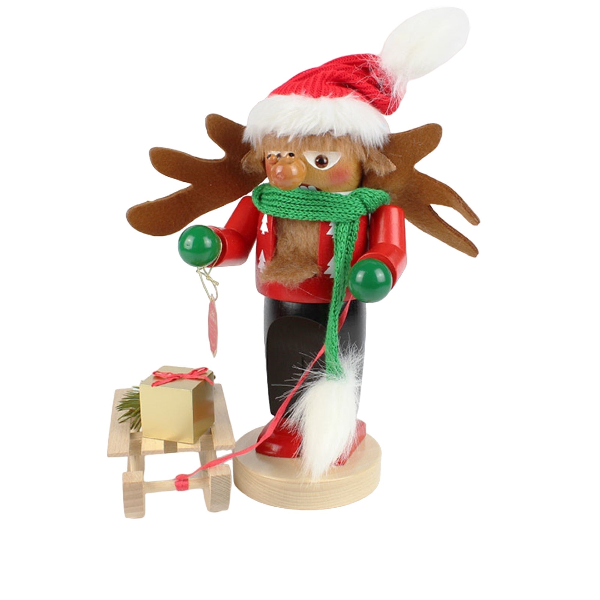 Kurt Adler Steinbach Wooden Chubby Nutcracker, Rudolph with Sleigh, 10.5"